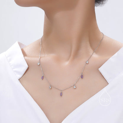 Amethyst Purple Marquise CZ Dangle Necklace in Sterling Silver, Silver or Gold, Satellite Crystal Necklace, Solid Silver Motif Necklace