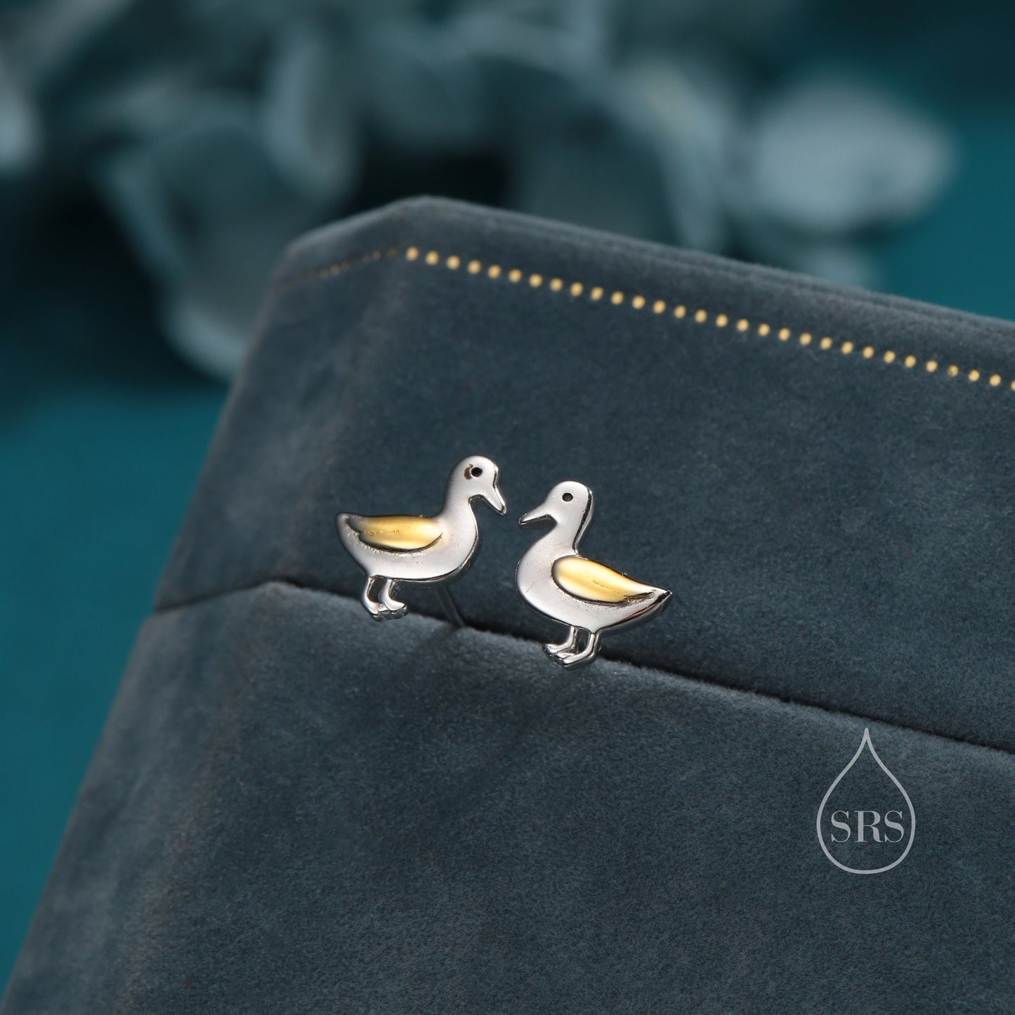 Cute Duck Stud Earrings in Sterling Silver,  Two Tone Duck Earrings, Cute Duck Earrings