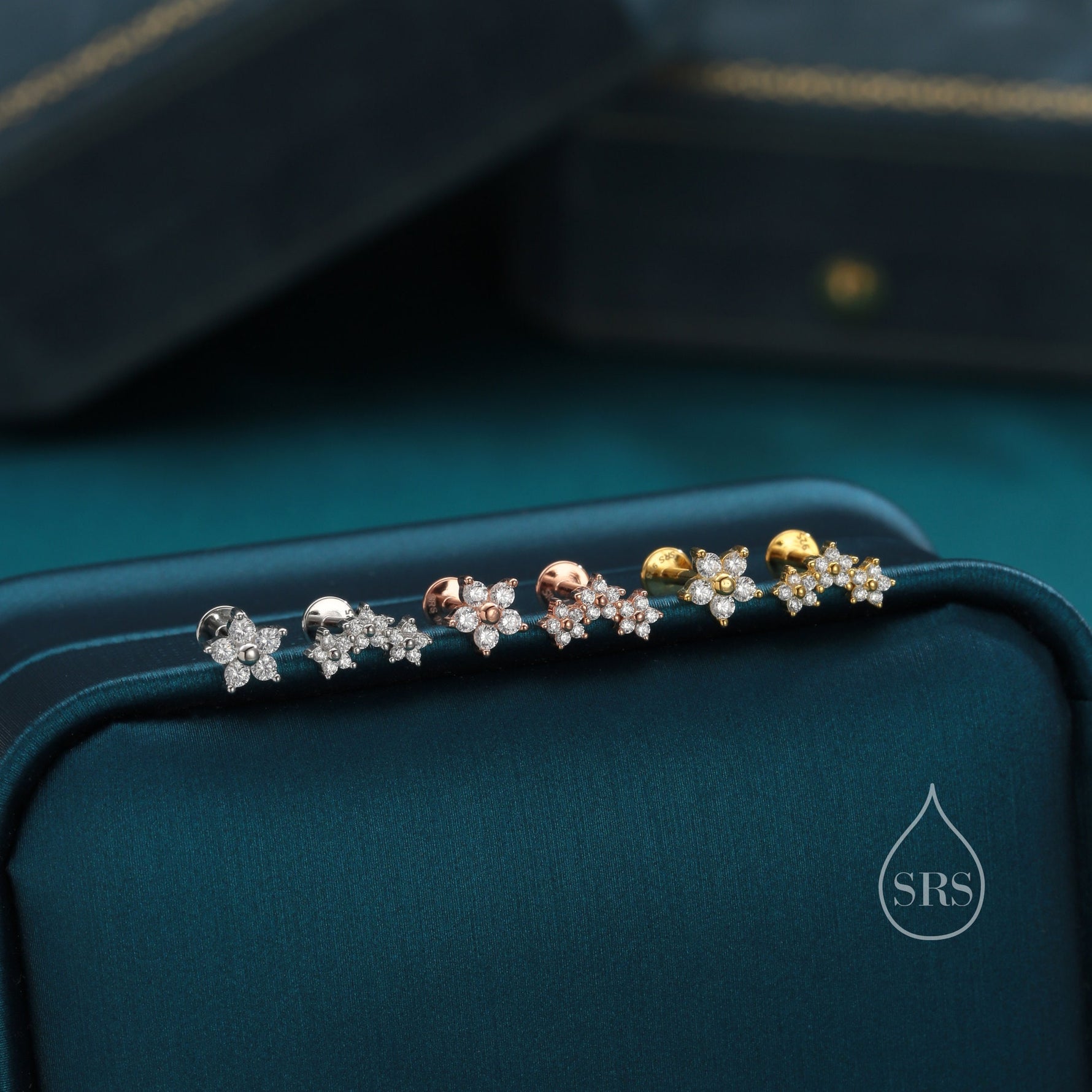 Asymmetric Forget Me Not Flower Bouquet CZ 16G Internally Threaded Flat Back Earrings in Sterling Silver