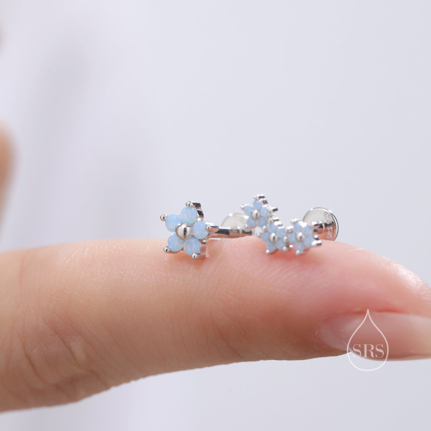 Internally Threaded Asymmetric Forget Me Not Flower Bouquet Flat Back Earrings in Sterling Silver, Opal Blue CZ, Silver, Gold or Rose Gold,