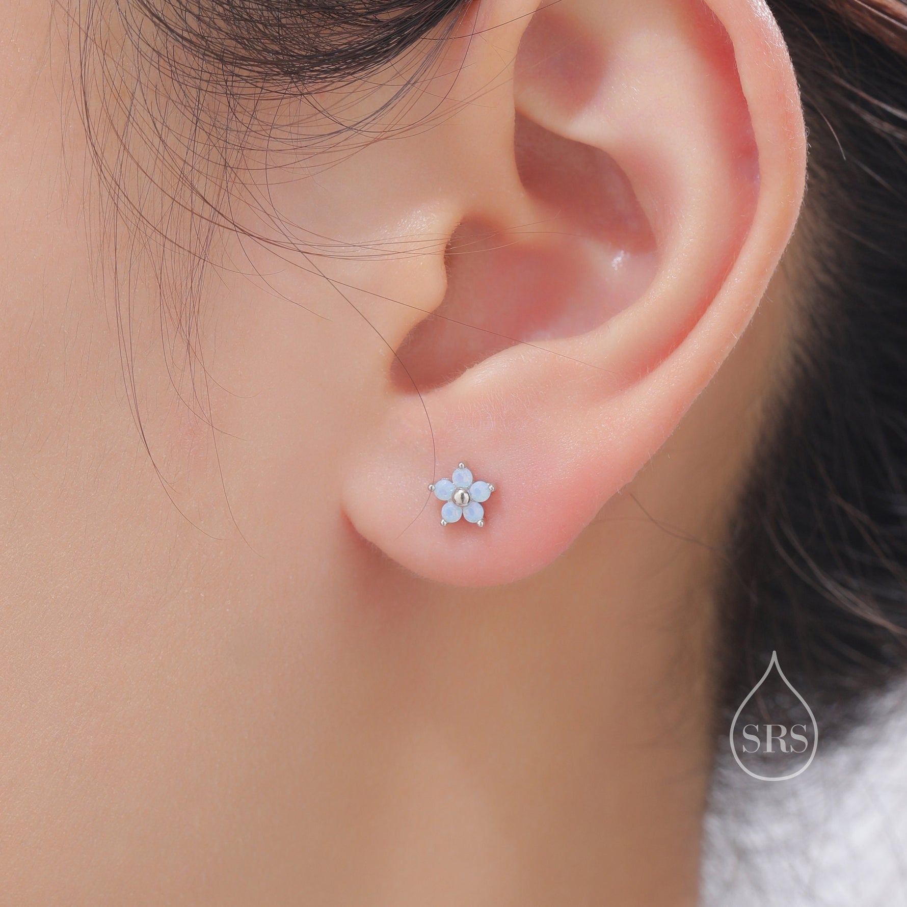 Asymmetric Forget Me Not Flower Bouquet Opal Blue CZ 16G Internally Threaded Flat Back Earrings in Sterling Silver