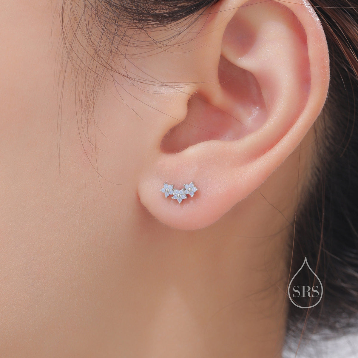 Asymmetric Forget Me Not Flower Bouquet Opal Blue CZ 16G Internally Threaded Flat Back Earrings in Sterling Silver