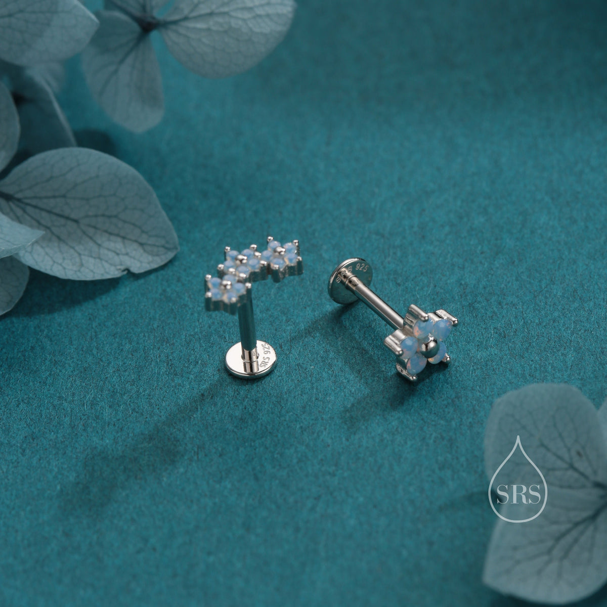 Internally Threaded Asymmetric Forget Me Not Flower Bouquet Flat Back Earrings in Sterling Silver, Opal Blue CZ, Silver, Gold or Rose Gold,