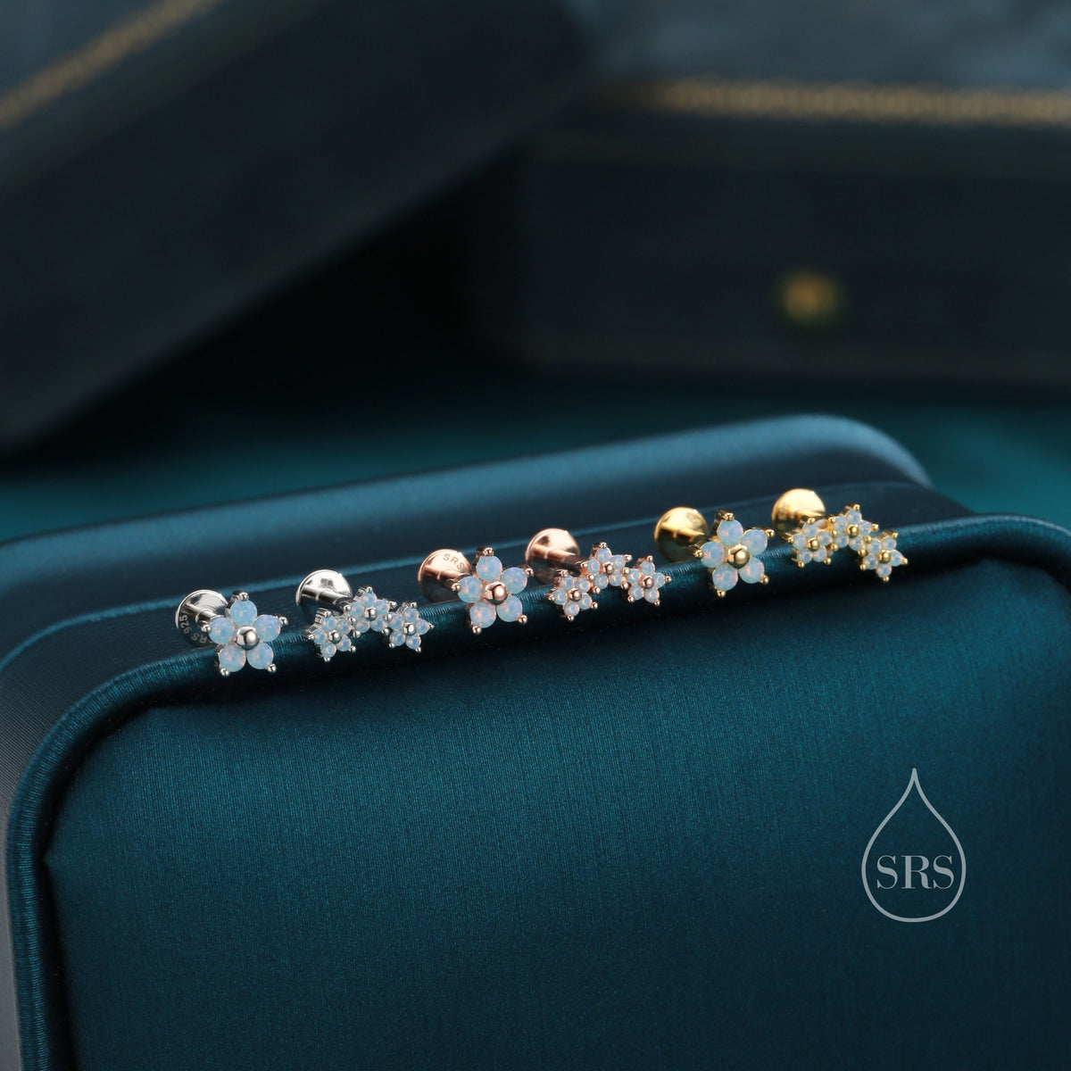 Internally Threaded Asymmetric Forget Me Not Flower Bouquet Flat Back Earrings in Sterling Silver, Opal Blue CZ, Silver, Gold or Rose Gold,