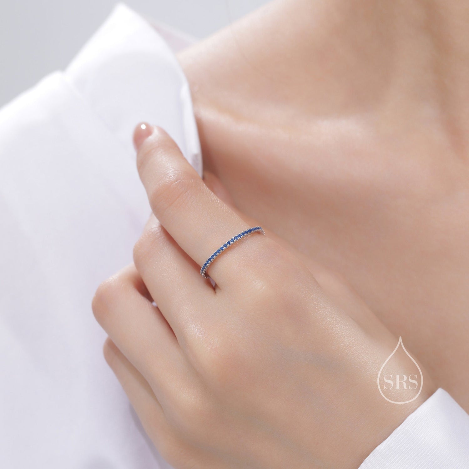 Extra Skinny Sapphire Blue CZ Pave Eternity Ring