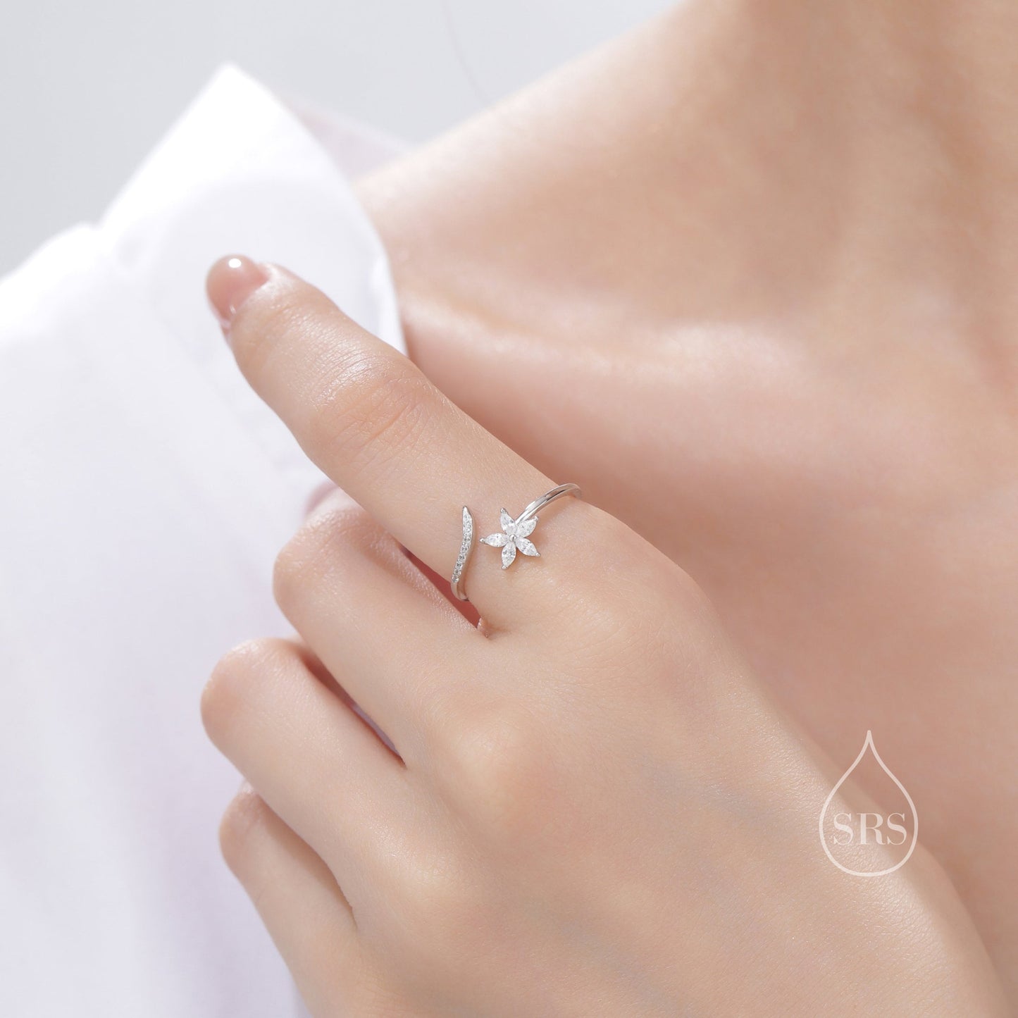 CZ Flower Open Ring in Sterling Silver, Silver or Gold, Adjustable, Forget-me-not, Minimalist CZ Ring