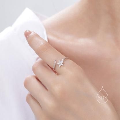 CZ Flower Open Ring in Sterling Silver, Silver or Gold, Adjustable, Forget-me-not, Minimalist CZ Ring