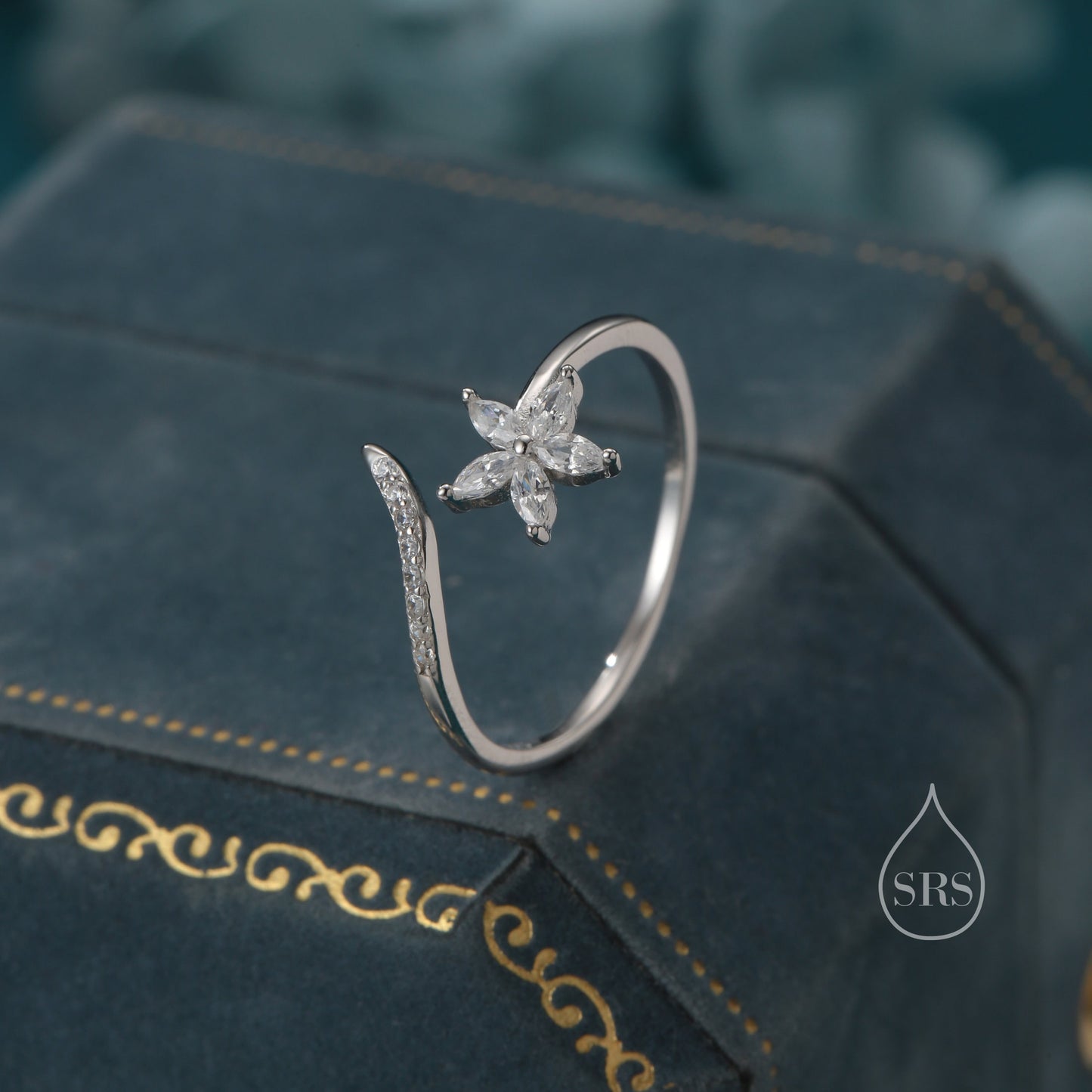 CZ Flower Open Ring in Sterling Silver, Silver or Gold, Adjustable, Forget-me-not, Minimalist CZ Ring
