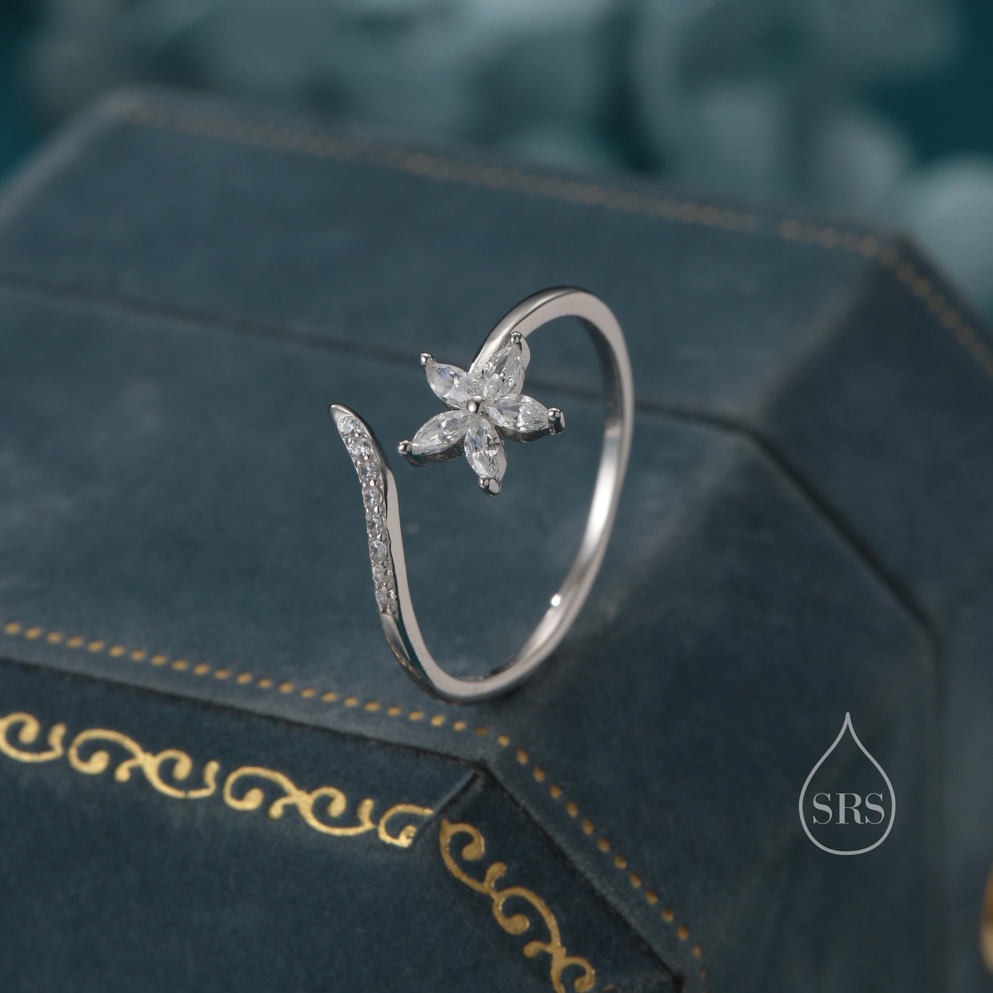 CZ Flower Open Ring in Sterling Silver, Silver or Gold, Adjustable, Forget-me-not, Minimalist CZ Ring