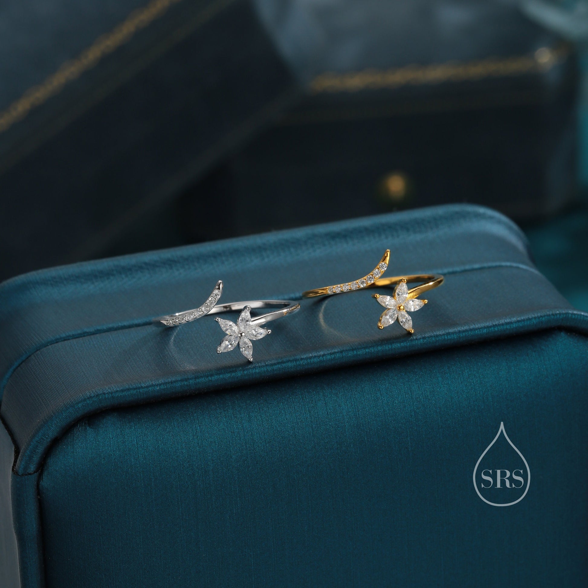 CZ Flower Open Ring in Sterling Silver, Silver or Gold, Adjustable, Forget-me-not, Minimalist CZ Ring