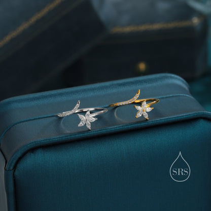 CZ Flower Open Ring in Sterling Silver, Silver or Gold, Adjustable, Forget-me-not, Minimalist CZ Ring