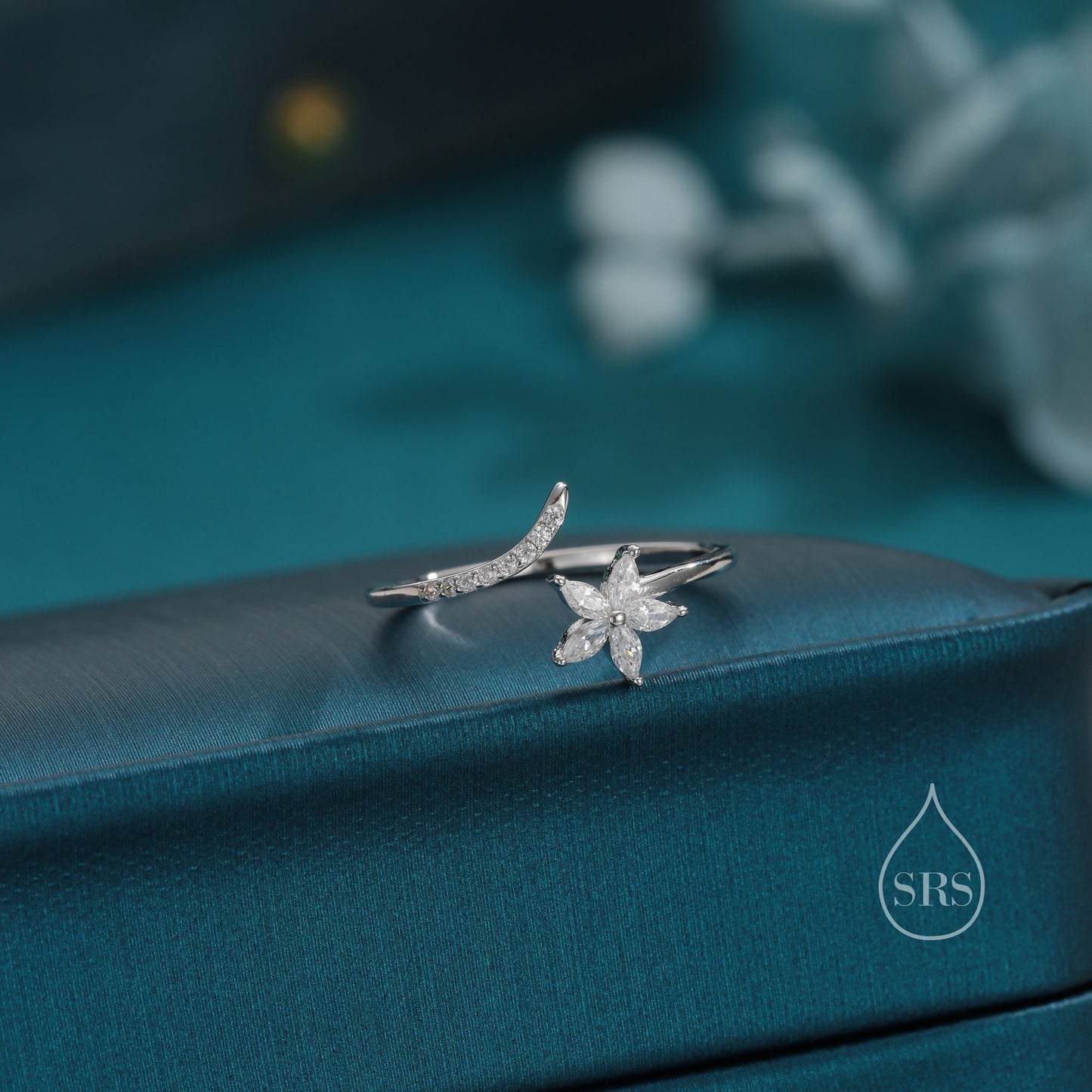 CZ Flower Open Ring in Sterling Silver, Silver or Gold, Adjustable, Forget-me-not, Minimalist CZ Ring