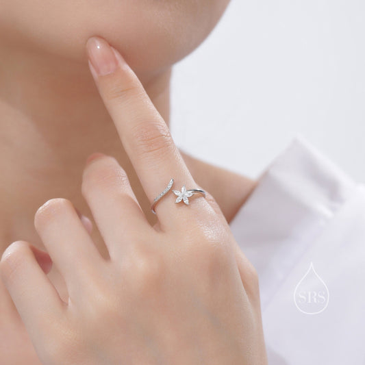 CZ Flower Open Ring in Sterling Silver, Silver or Gold, Adjustable, Forget-me-not, Minimalist CZ Ring
