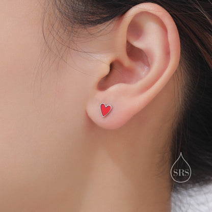 Red Enamel Glaze Heart Stud Earrings in Sterling Silver, Delicate Heart Earrings,  Tiny Heart Earrings