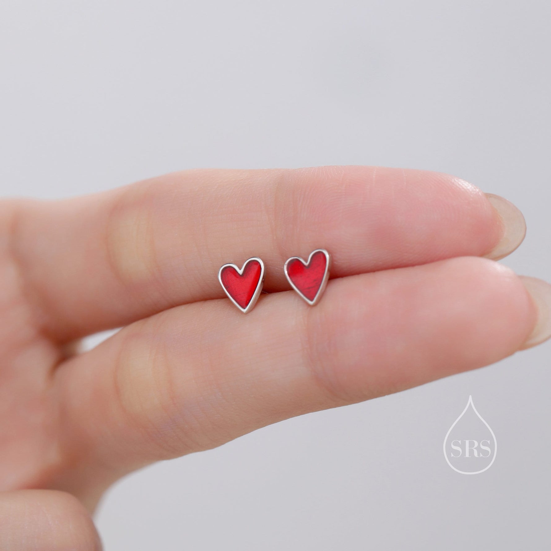 Red Enamel Glaze Heart Stud Earrings in Sterling Silver, Delicate Heart Earrings, Tiny Heart Earrings