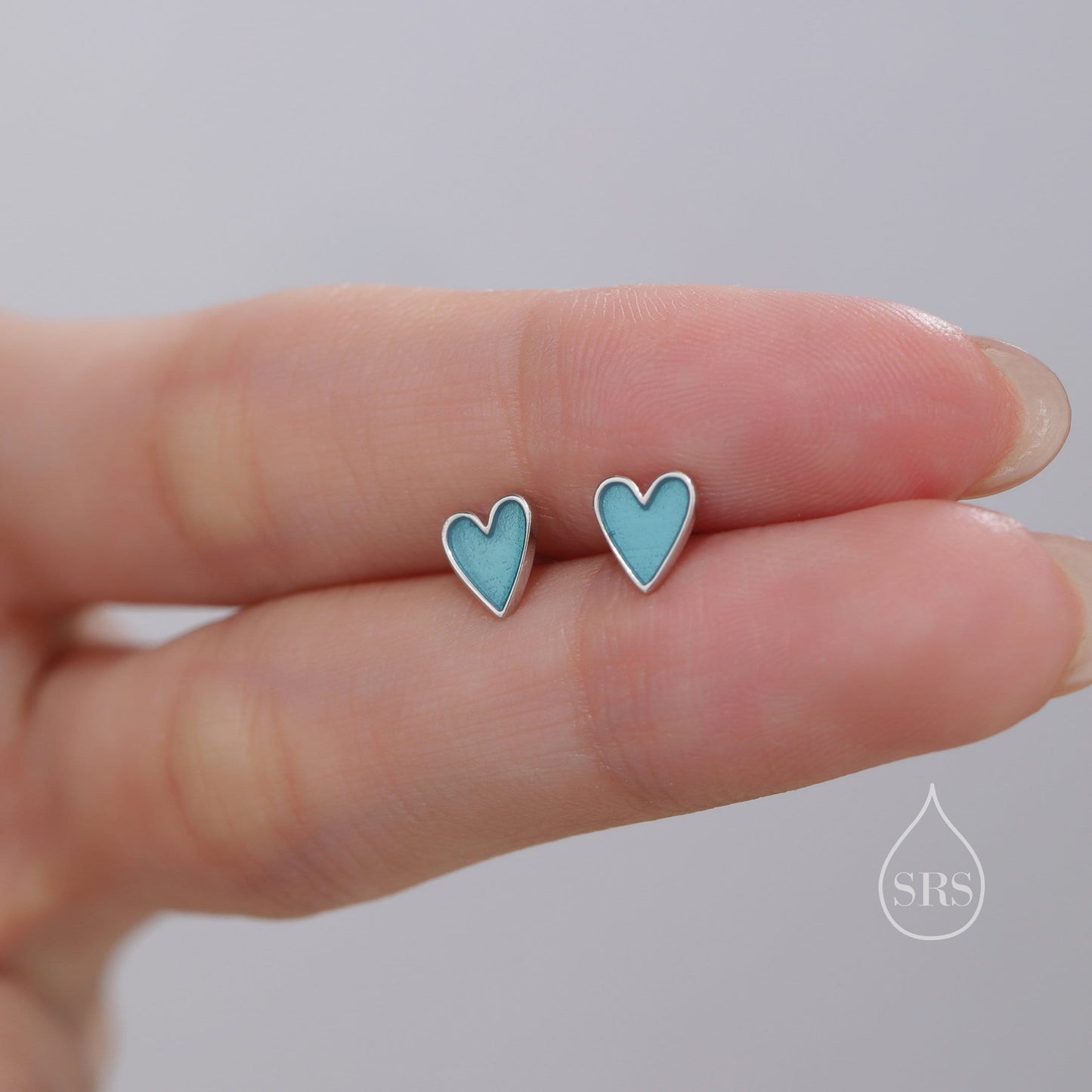 Aqua Blue Enamel Glaze Heart Stud Earrings in Sterling Silver, Delicate Heart Earrings,  Tiny Heart Earrings