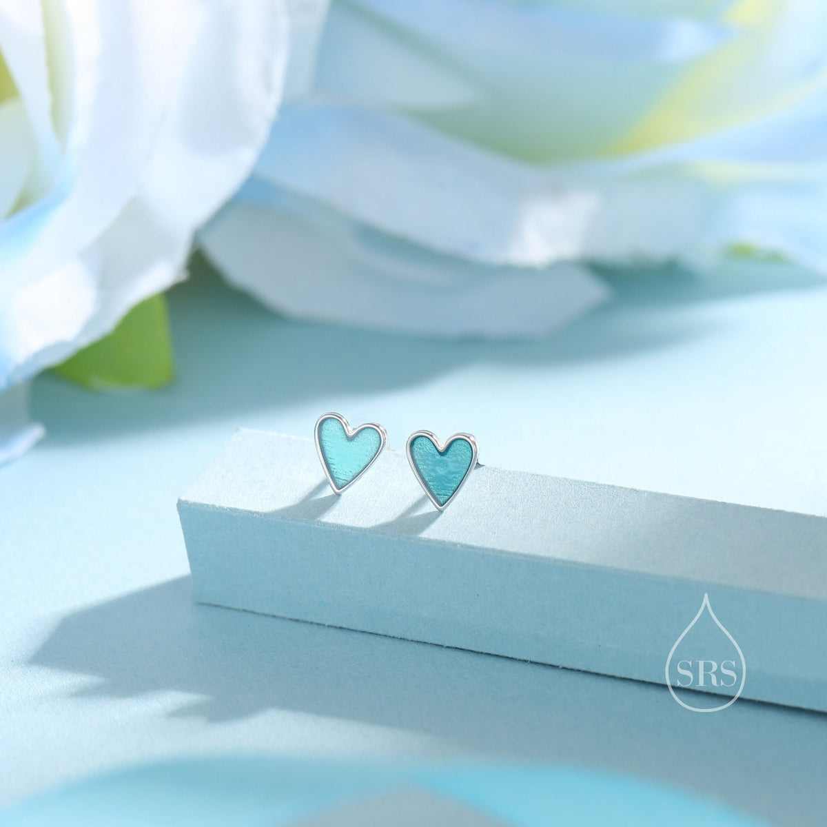 Aqua Blue Enamel Glaze Heart Stud Earrings in Sterling Silver, Delicate Heart Earrings, Tiny Heart Earrings