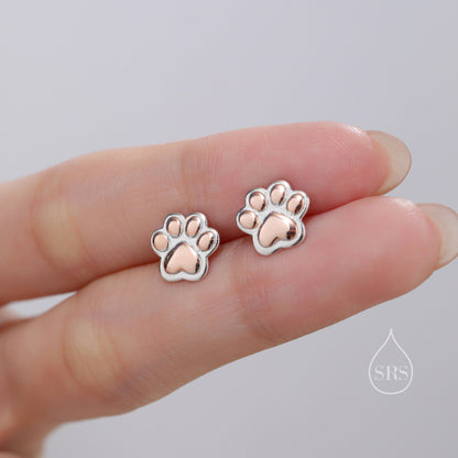 Cute Paw Print Stud Earrings in Sterling Silver - Dog Paw, Cat Paw Stud Earrings - Two Tone Finish - Pet Lover - Cute,  Fun, Whimsical