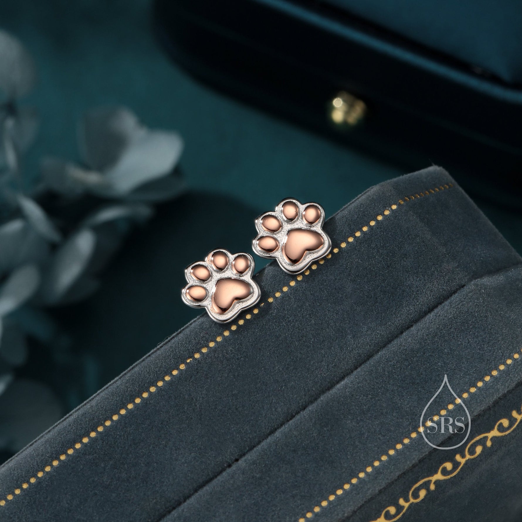 Cute Paw Print Stud Earrings in Sterling Silver - Dog Paw, Cat Paw Stud Earrings - Two Tone Finish - Pet Lover - Cute, Fun, Whimsical