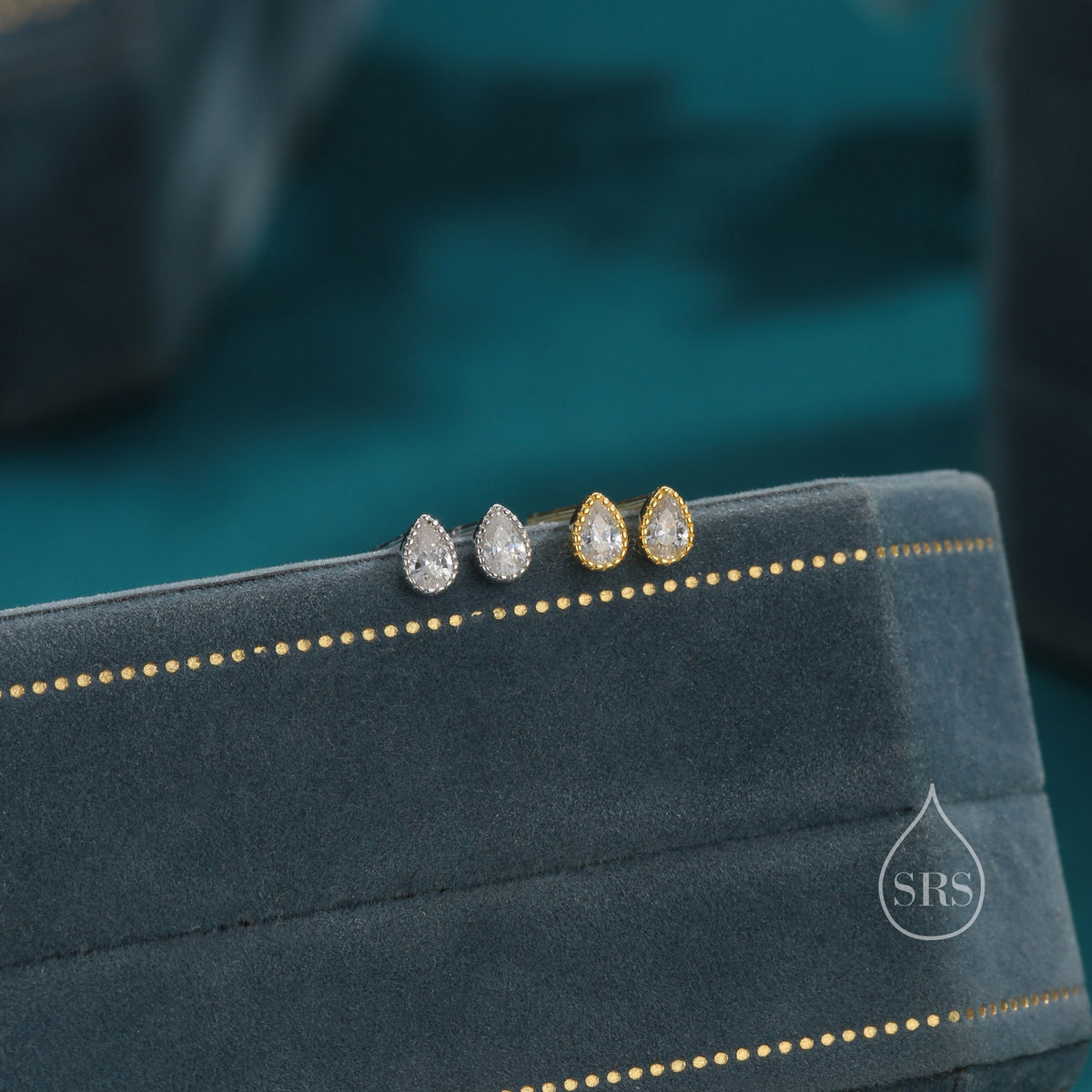 Tiny Droplet CZ Stud Earrings in Sterling Silver, Pear Cut CZ Stud Extra Tiny, Stacking Earrings, Dotted Bezel Vintage Inspired Design