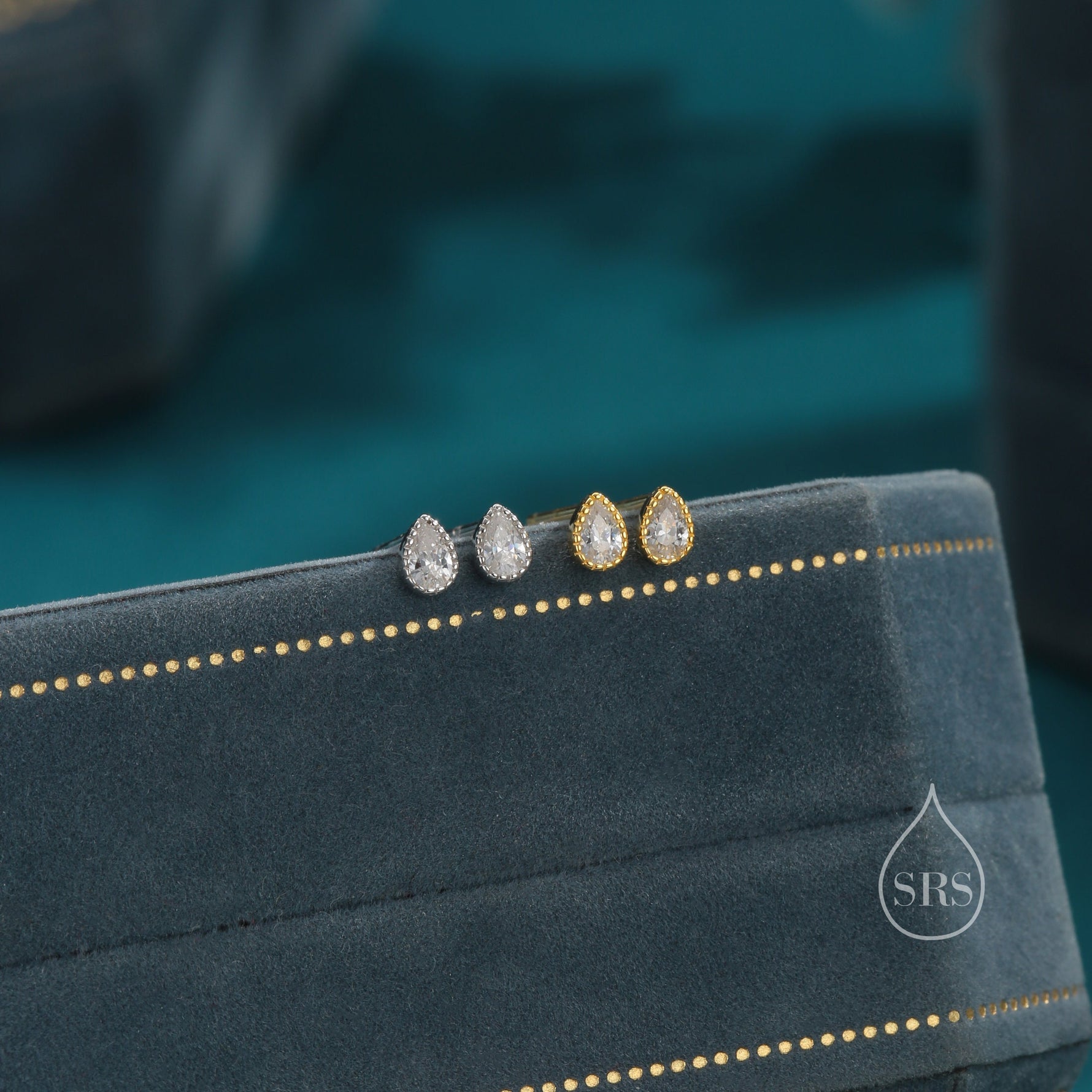 Tiny Droplet CZ Stud Earrings in Sterling Silver, Pear Cut CZ Stud Extra Tiny, Stacking Earrings, Dotted Bezel Vintage Inspired Design