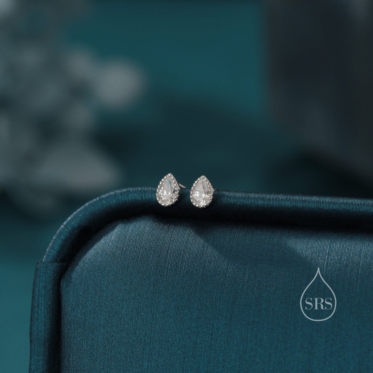 Tiny Droplet CZ Stud Earrings in Sterling Silver, Pear Cut CZ Stud Extra Tiny, Stacking Earrings, Dotted Bezel Vintage Inspired Design