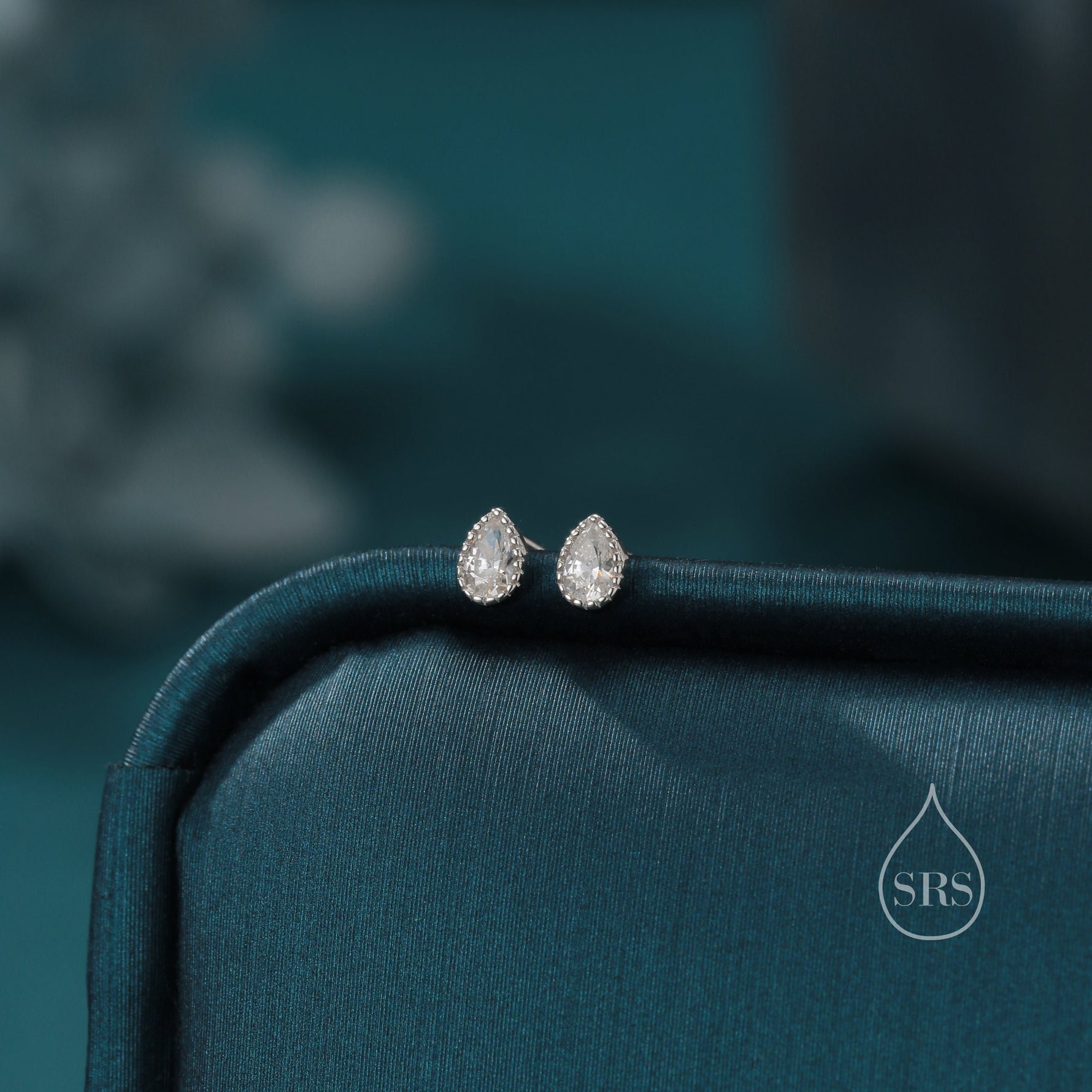 Tiny Droplet CZ Stud Earrings in Sterling Silver, Pear Cut CZ Stud Extra Tiny, Stacking Earrings, Dotted Bezel Vintage Inspired Design
