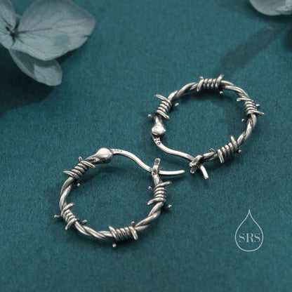 Sterling Silver Barbed Wire Hoops with Oxidised Finish, Silver, Gold or Rose Gold, Barbed Wire Earrings, Thorn Earrings,  Lever Hoops