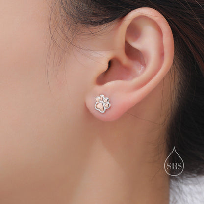 Mismatched French Bulldog and Paw Print Stud Earrings in Sterling Silver - Dog Paw Stud Earrings - Two Tone Finish - Pet Lover