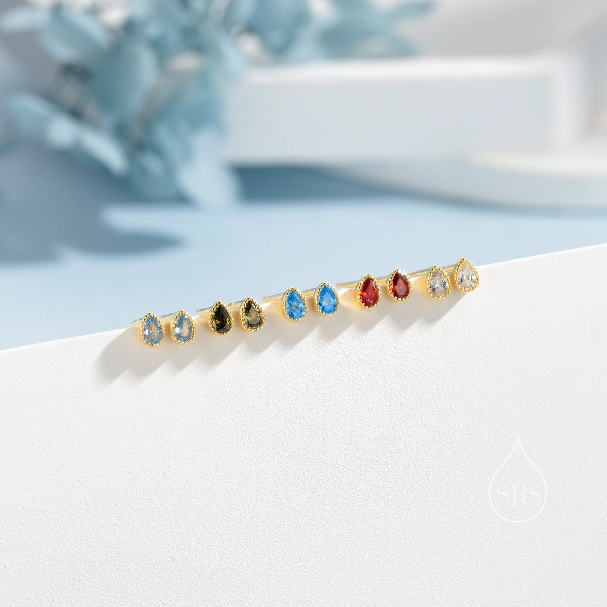 Tiny Droplet CZ Stud Earrings in Sterling Silver, Silver or Gold, Pear Cut CZ Stud Extra Tiny Dotted Bezel Vintage Inspired