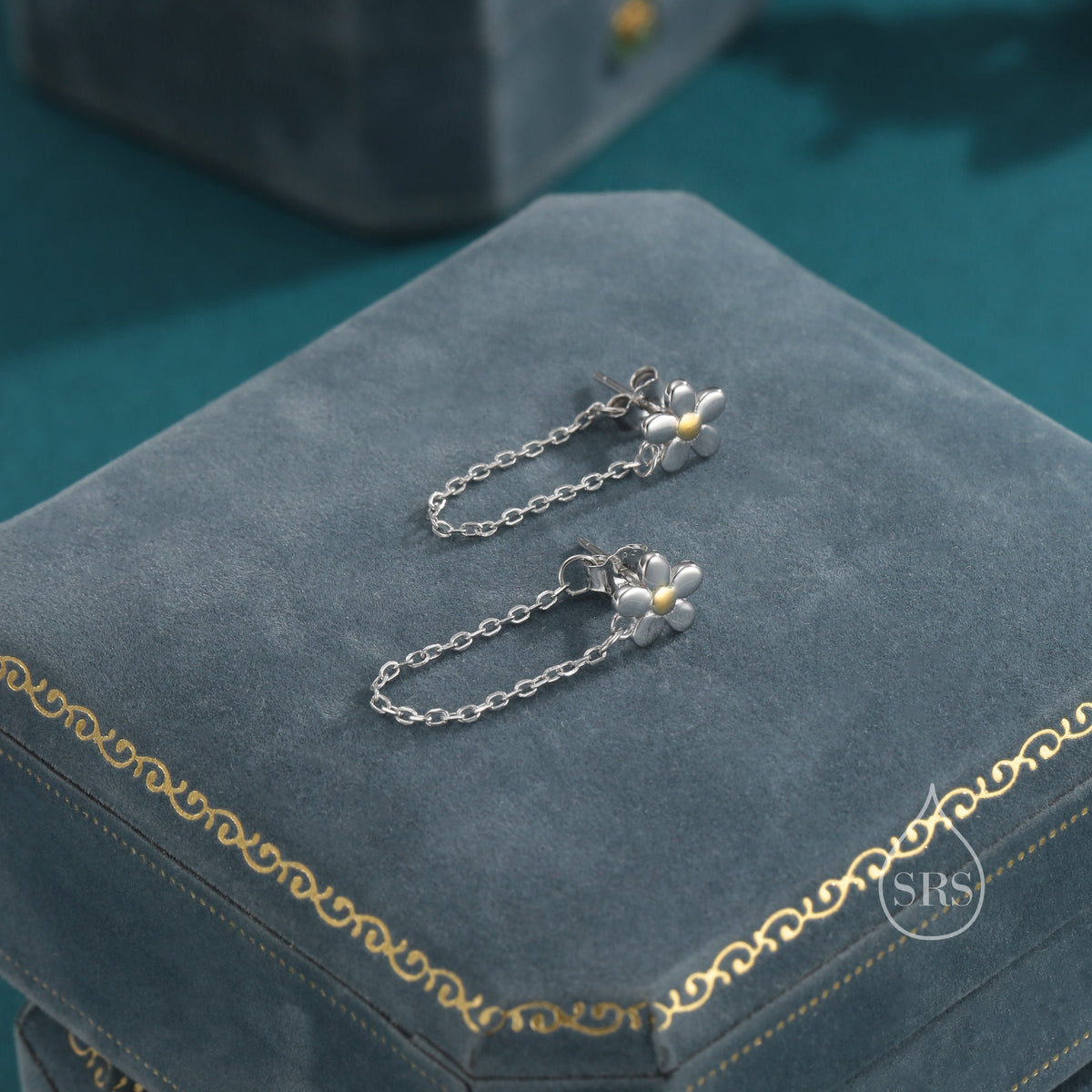 Daisy Chain Jacket Earrings in Sterling Silver, Daisy Flower with Dangle Chain Ear Jacket, Flower Front and Back Chain Earrings