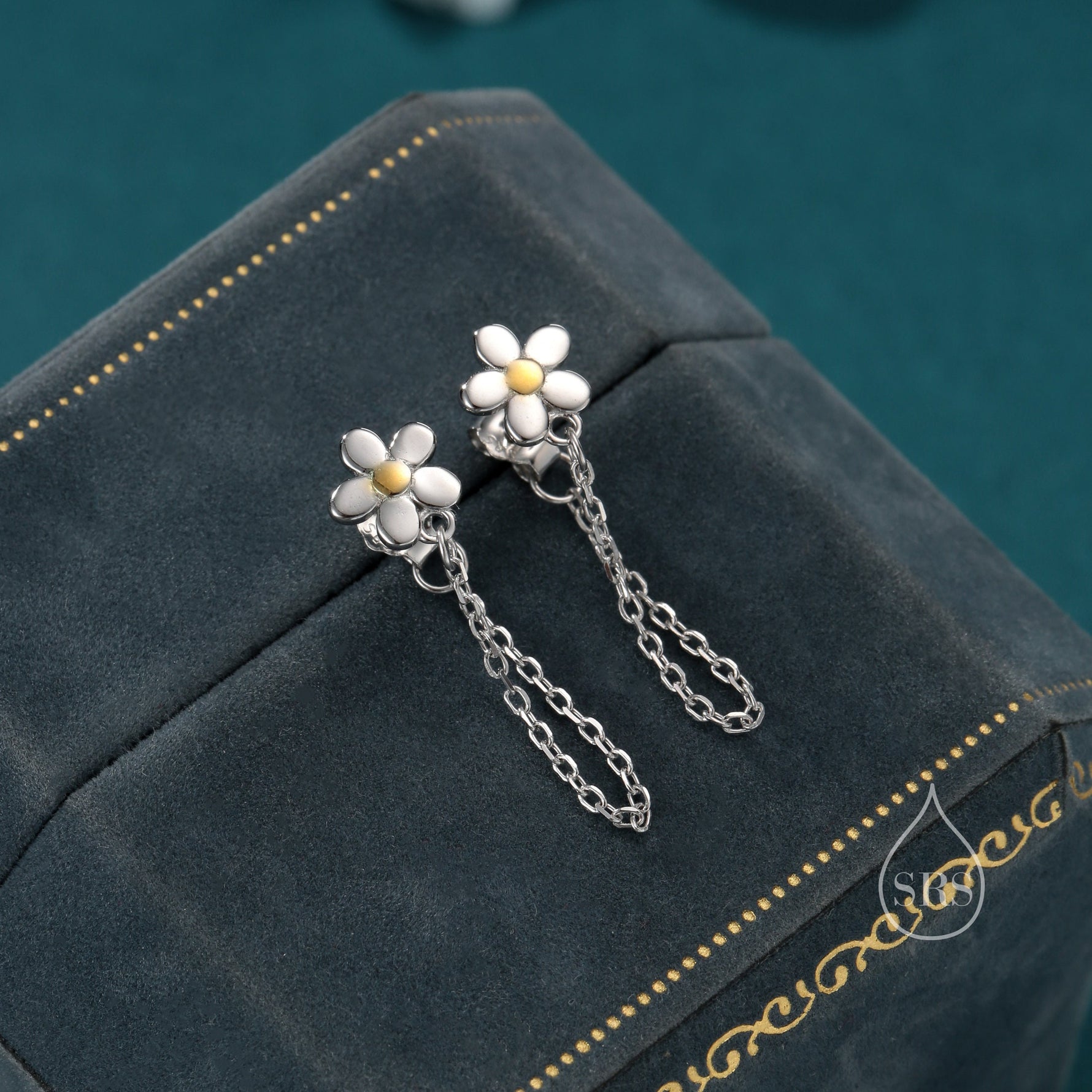 Daisy Chain Jacket Earrings in Sterling Silver, Daisy Flower with Dangle Chain Ear Jacket, Flower Front and Back Chain Earrings