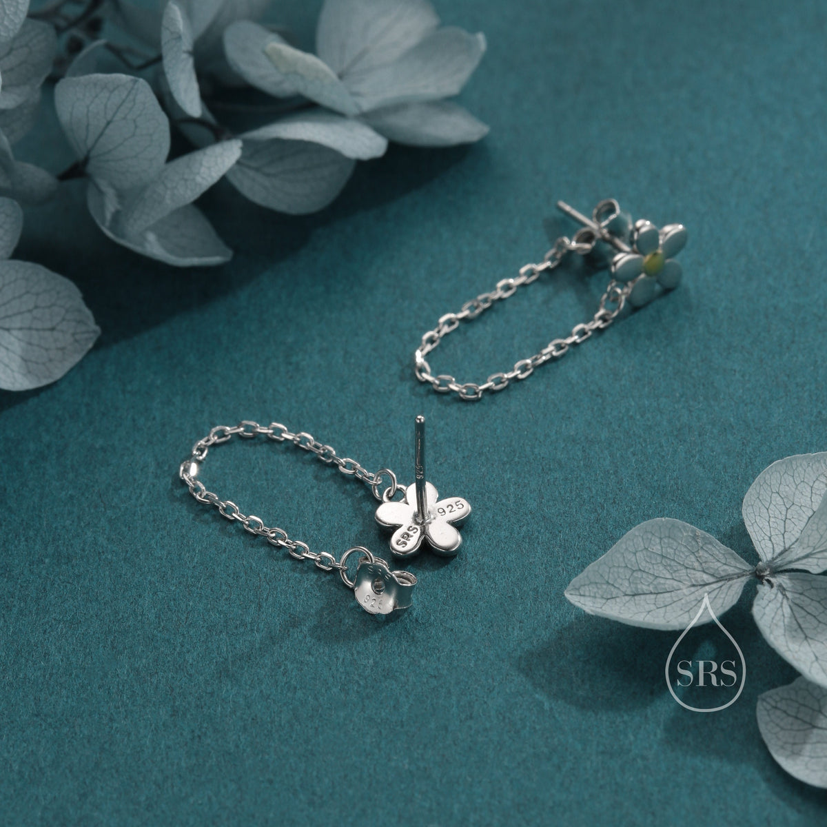 Daisy Chain Jacket Earrings in Sterling Silver, Daisy Flower with Dangle Chain Ear Jacket, Flower Front and Back Chain Earrings