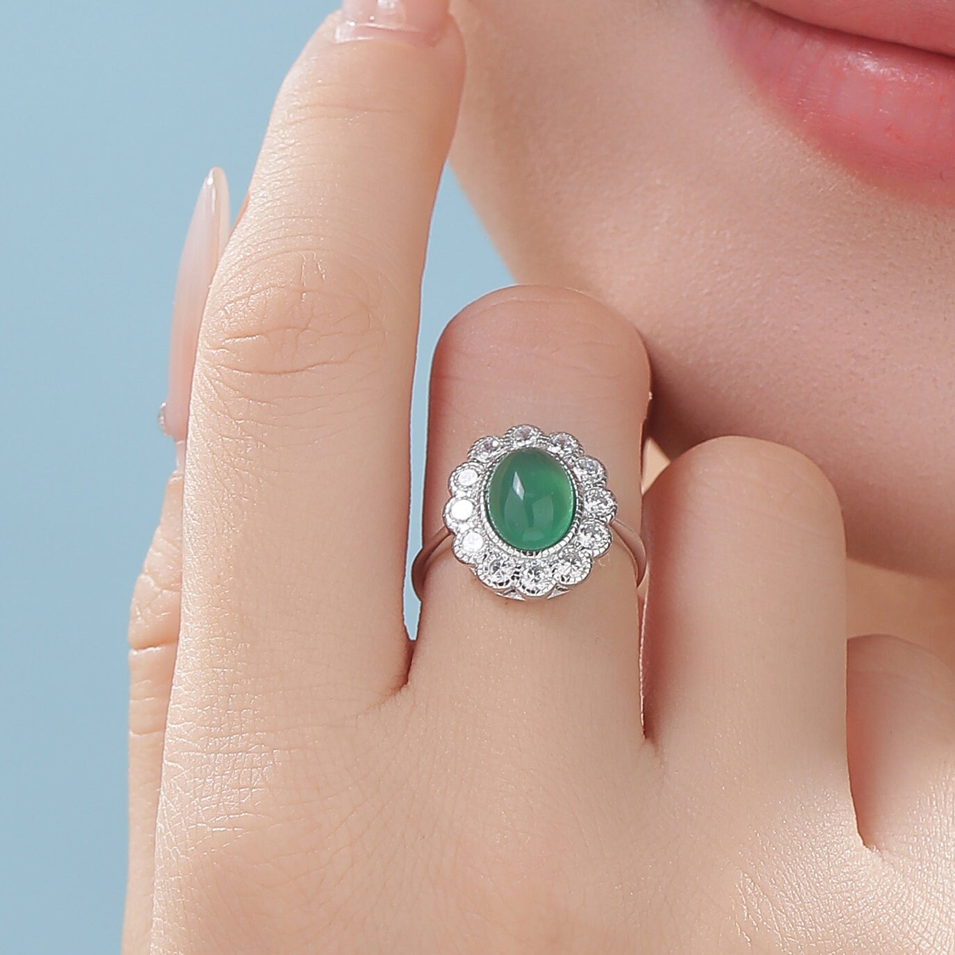 Vintage Green Onyx CZ Halo Ring