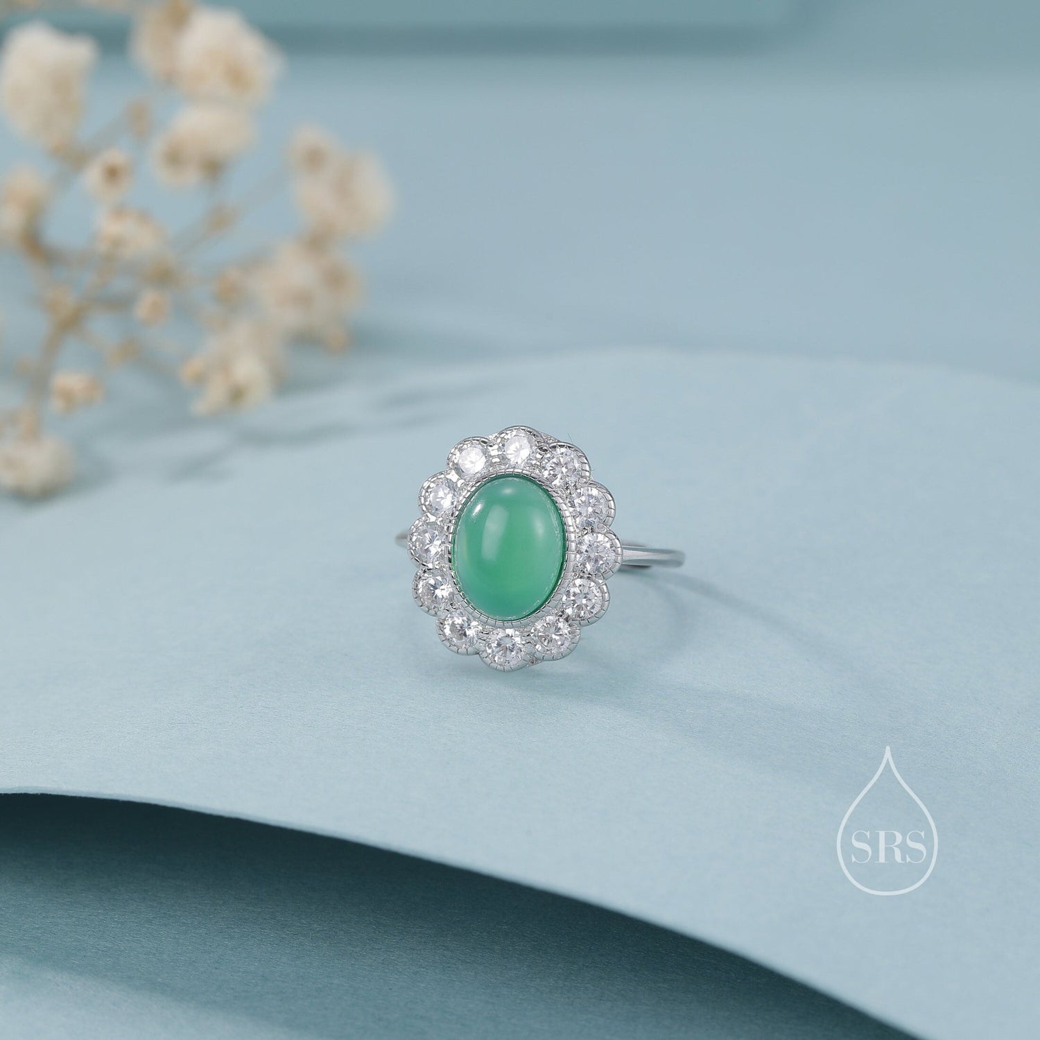Vintage Green Onyx CZ Halo Ring