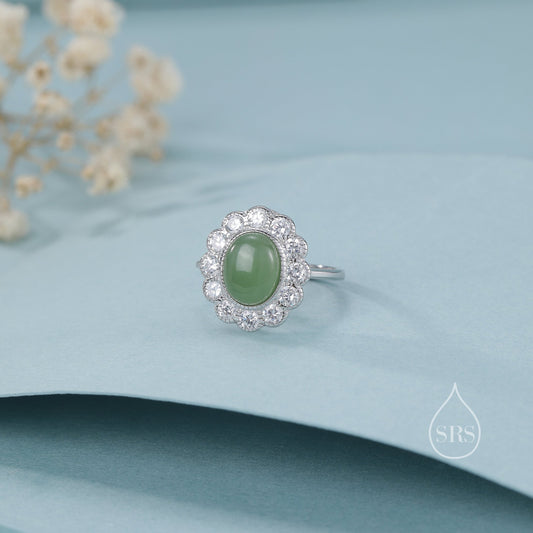 Sterling Silver Vintage Inspired Green Jade CZ Ring, Adjustable Size,  Natural Green Jasper Jade Ring, Vintage Style Jade Ring