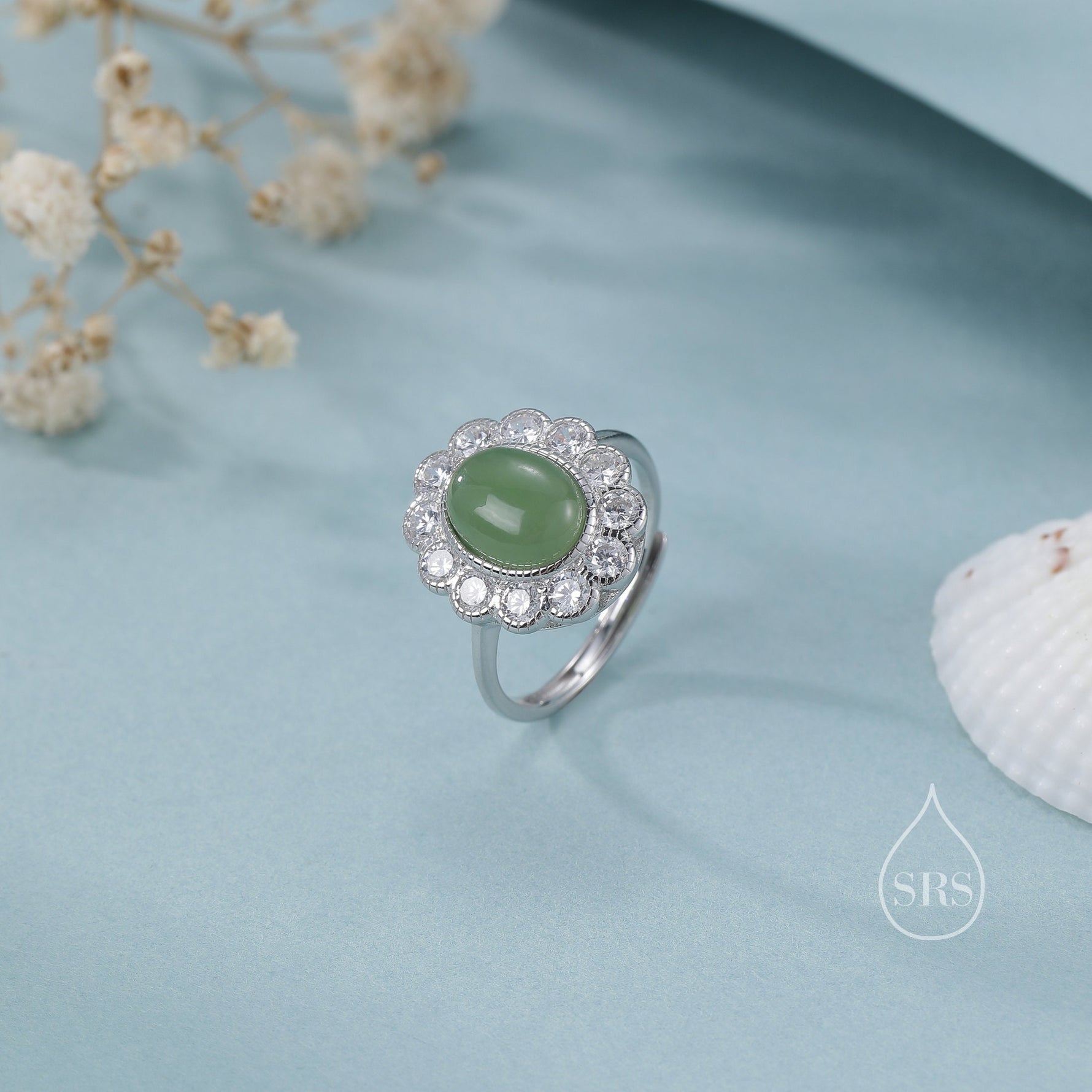 Sterling Silver Vintage Inspired Green Jade Ring, Adjustable Size, Natural Green Jasper Jade Ring, Vintage Style Jade Ring