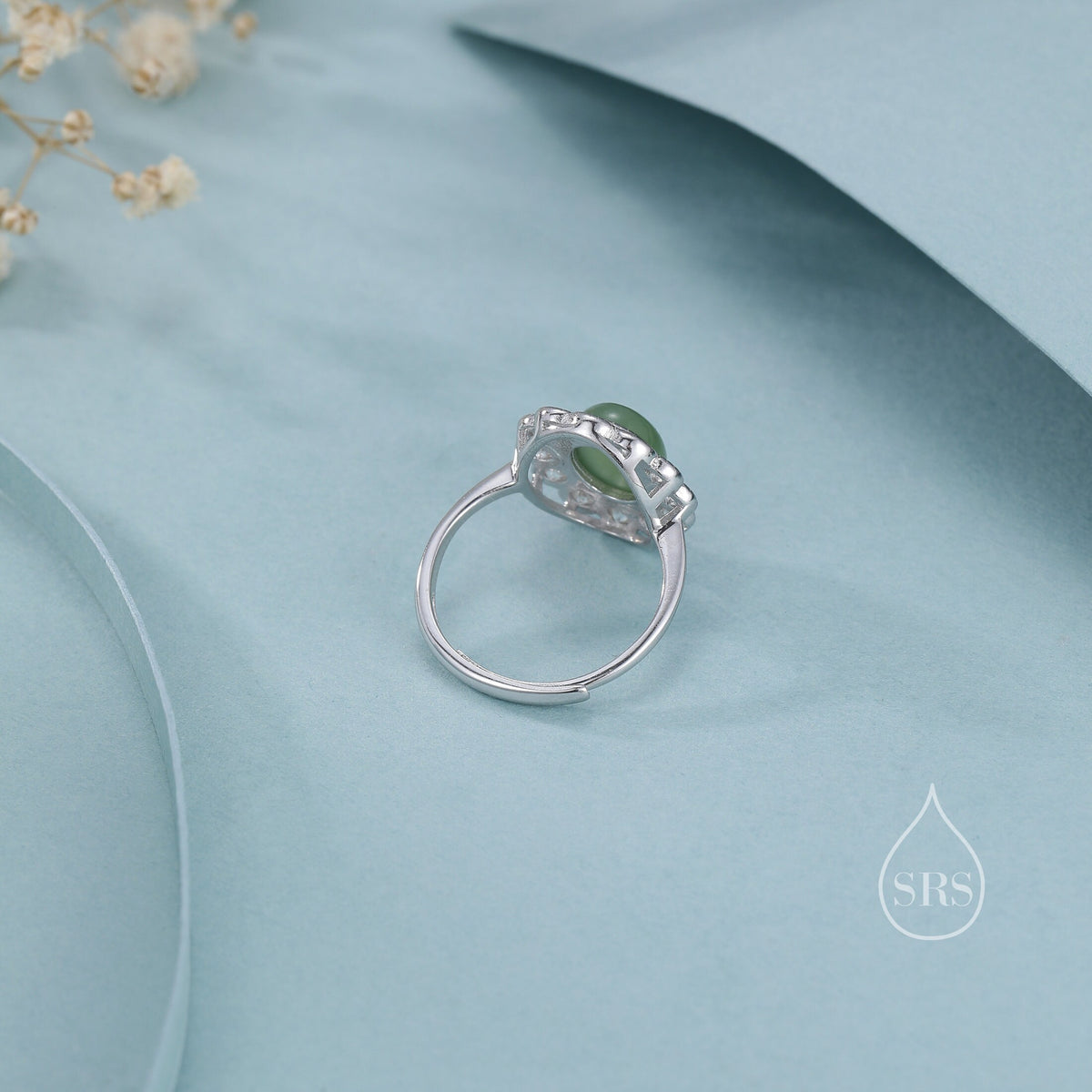 Sterling Silver Vintage Inspired Green Jade Ring, Adjustable Size, Natural Green Jasper Jade Ring, Vintage Style Jade Ring