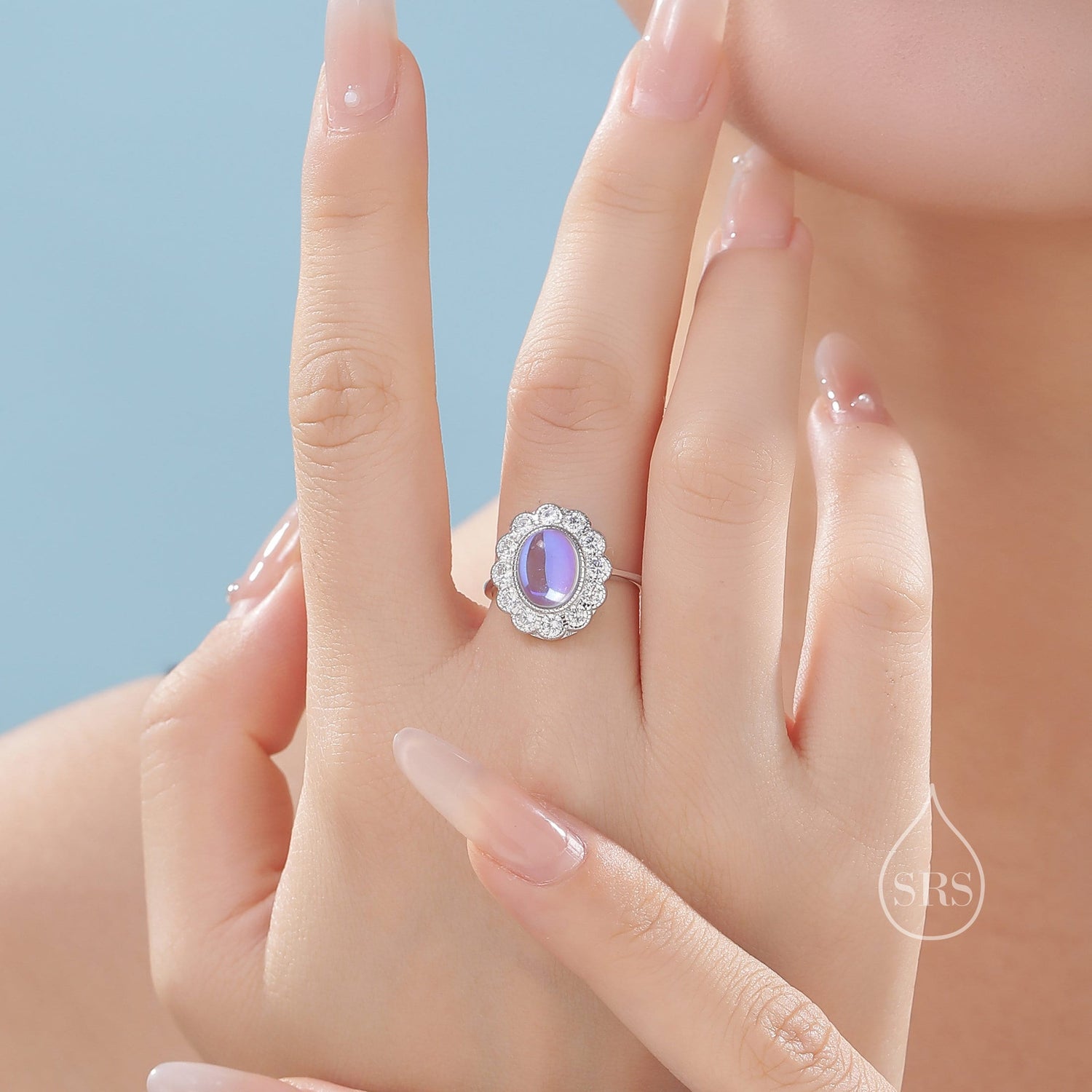 Sterling Silver Vintage Inspired Moonstone CZ Ring, Adjustable Size, Simulated Moonstone Ring, Vintage Style Lab Created Moonstone Ring