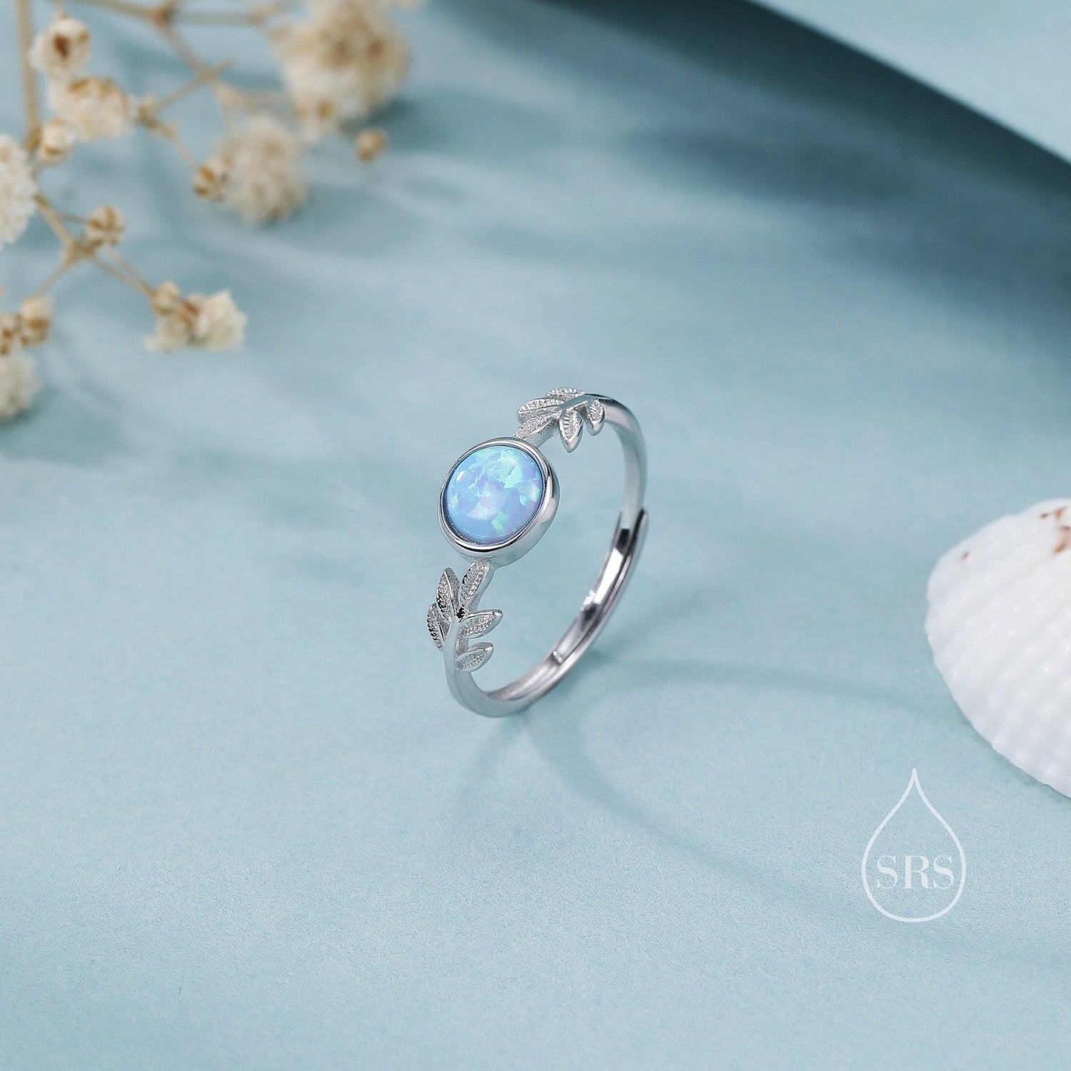 Blue Opal Olive Leaf Open Ring