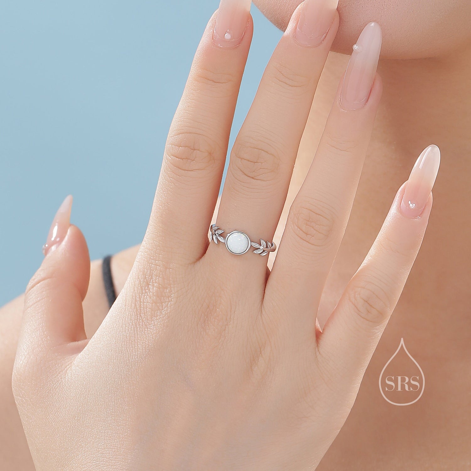 White Opal Olive Leaf Ring in Sterling Silver, Adjustable Olive Leaf Ring, Botanical Ring, Leaf Ring with Lab Opal, Simulated Opal Ring