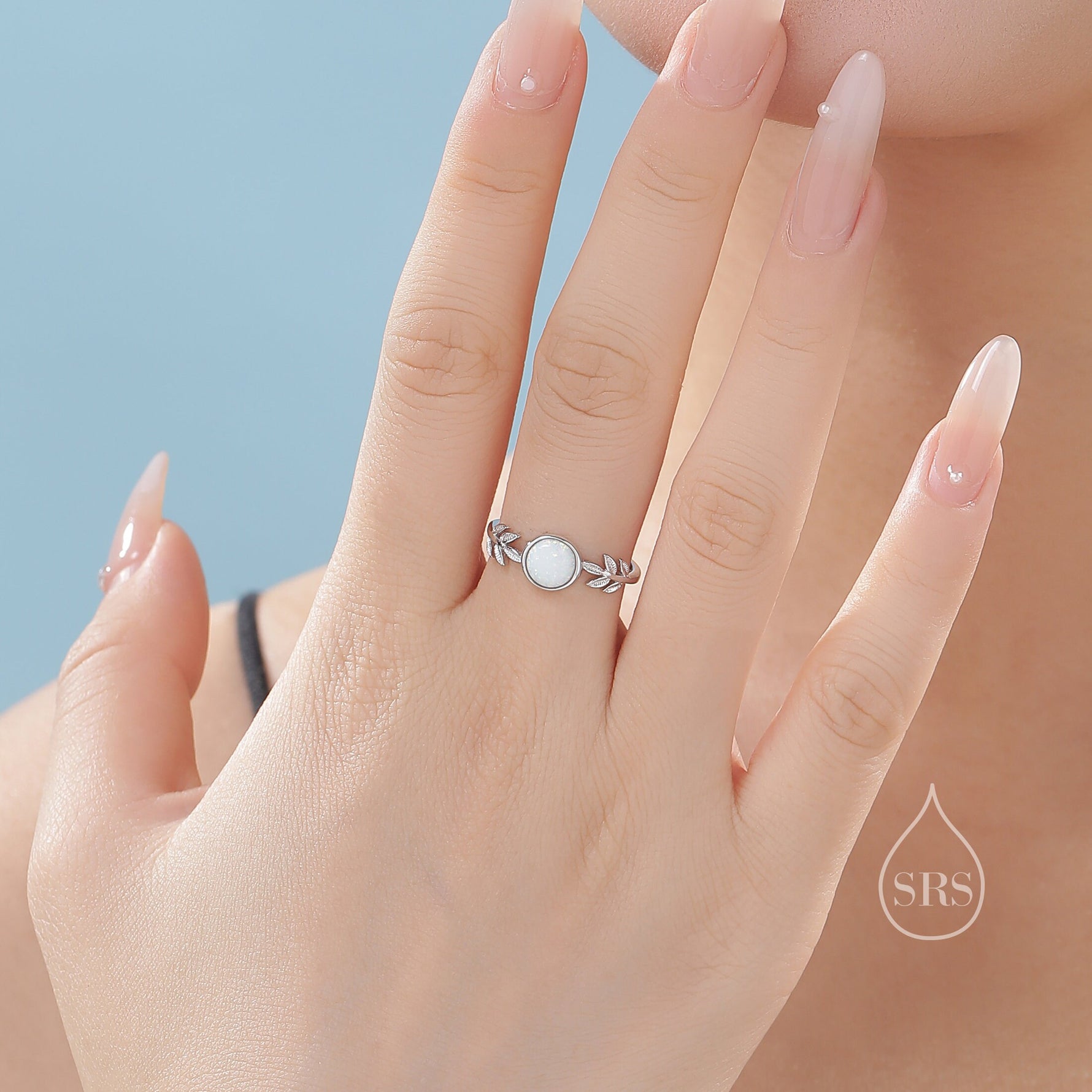 White Opal Olive Leaf Ring in Sterling Silver, Adjustable Olive Leaf Ring, Botanical Ring, Leaf Ring with Lab Opal, Simulated Opal Ring