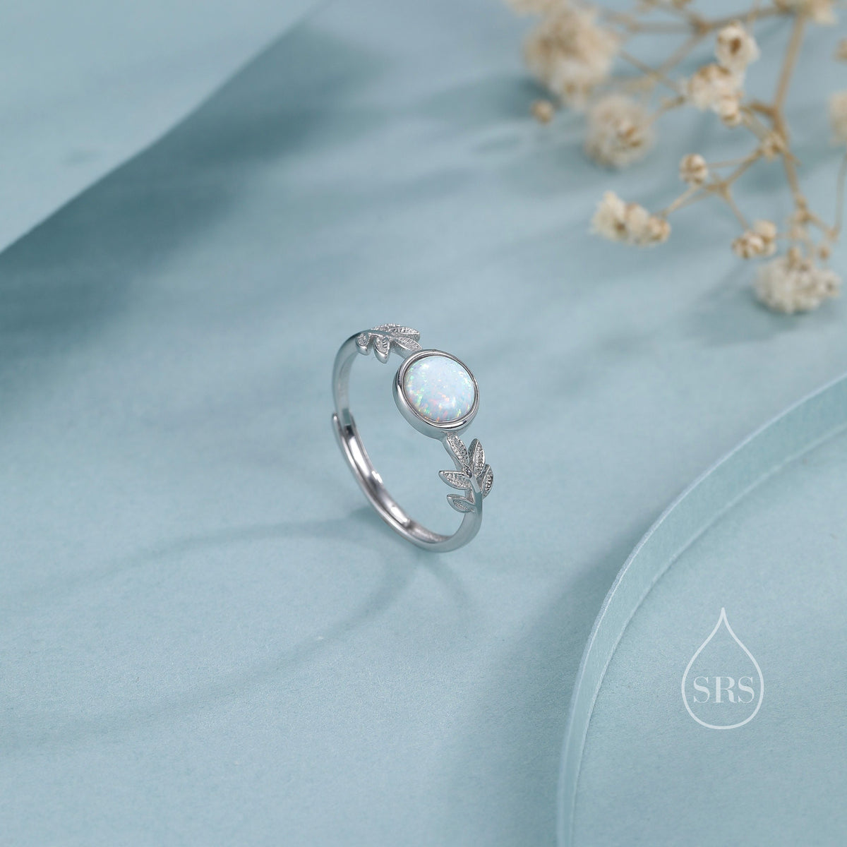 White Opal and Olive Leaf Gemstone Ring