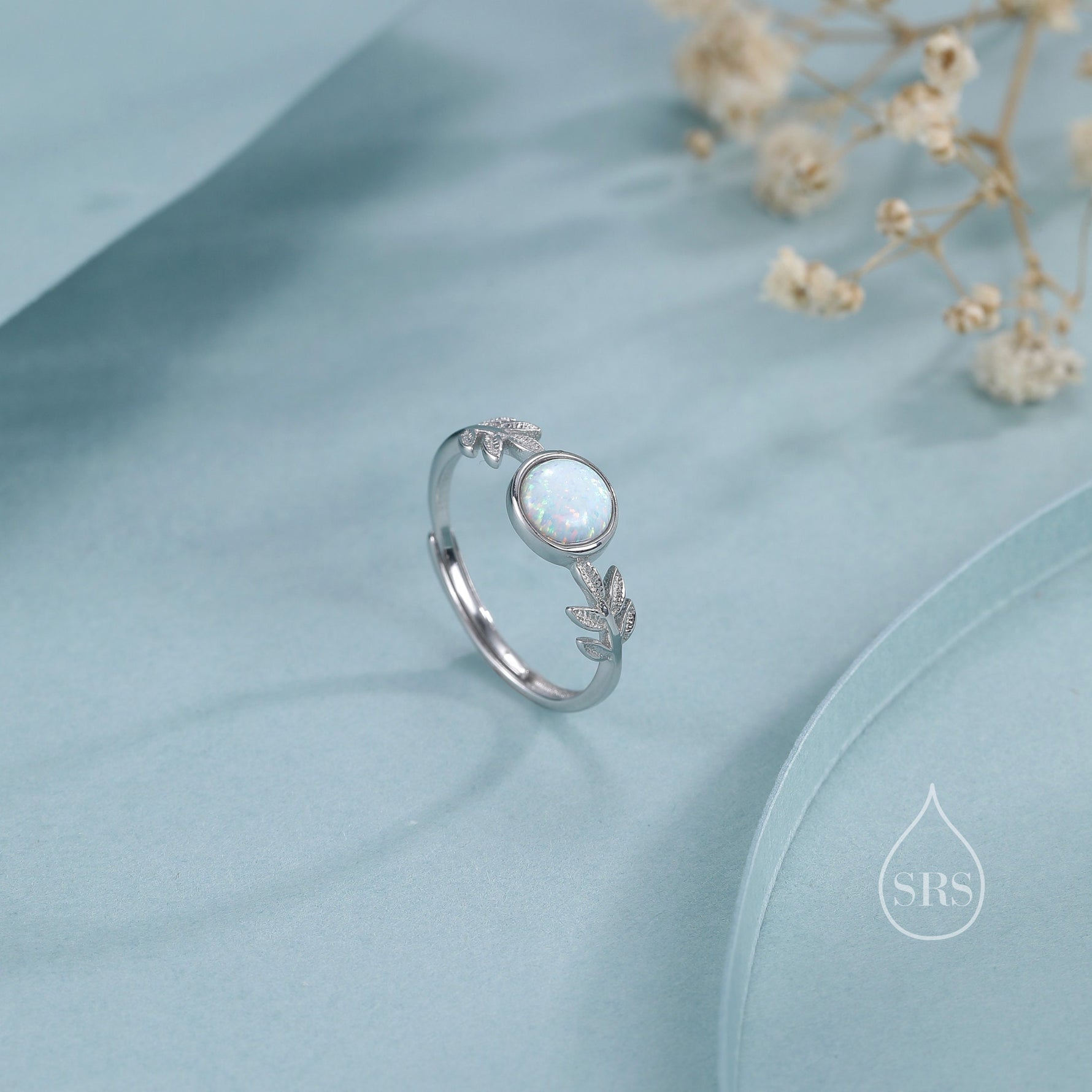 White Opal and Olive Leaf Gemstone Ring