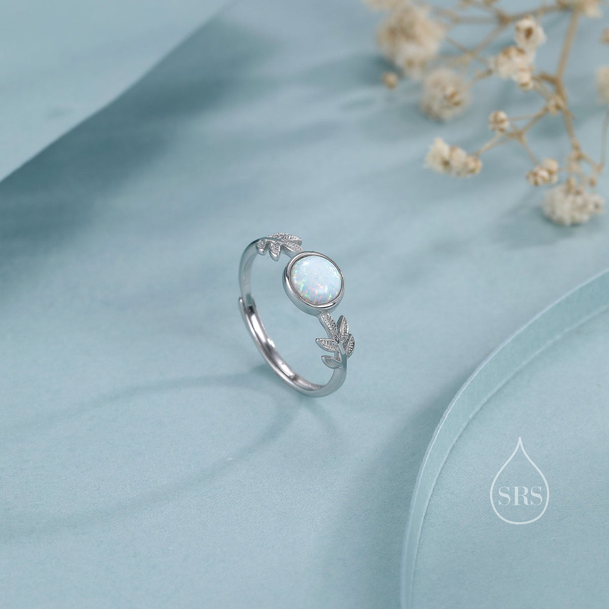 White Opal Olive Leaf Ring in Sterling Silver, Adjustable Olive Leaf Ring, Botanical Ring, Leaf Ring with Lab Opal, Simulated Opal Ring
