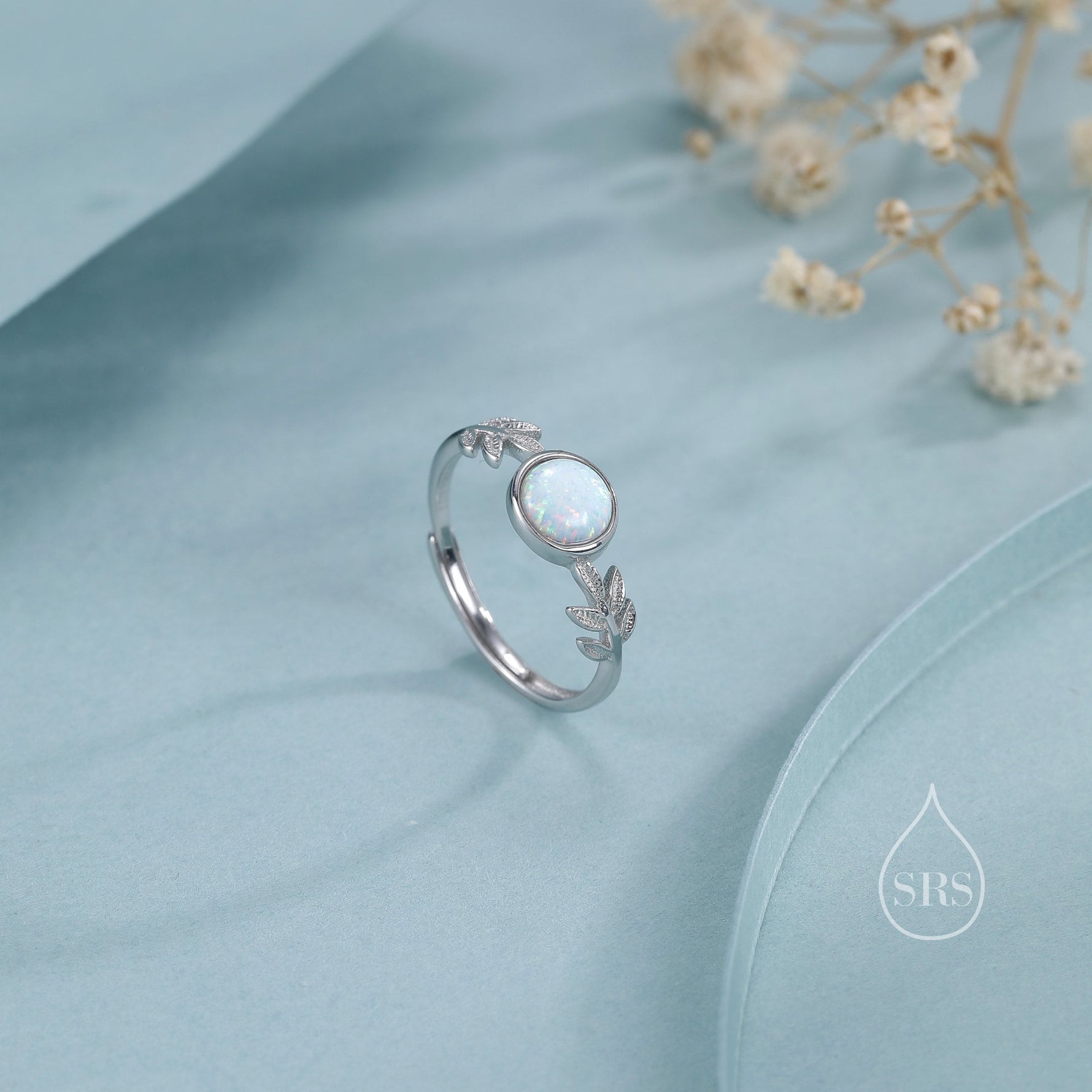 White Opal Olive Leaf Ring in Sterling Silver, Adjustable Olive Leaf Ring, Botanical Ring, Leaf Ring with Lab Opal, Simulated Opal Ring