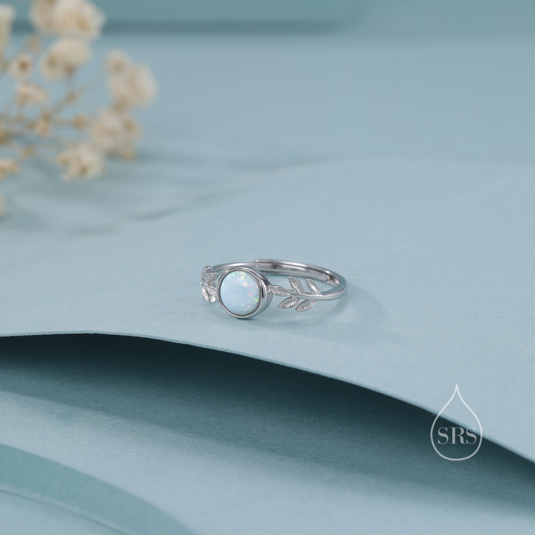 White Opal Olive Leaf Ring in Sterling Silver, Adjustable Olive Leaf Ring, Botanical Ring, Leaf Ring with Lab Opal, Simulated Opal Ring