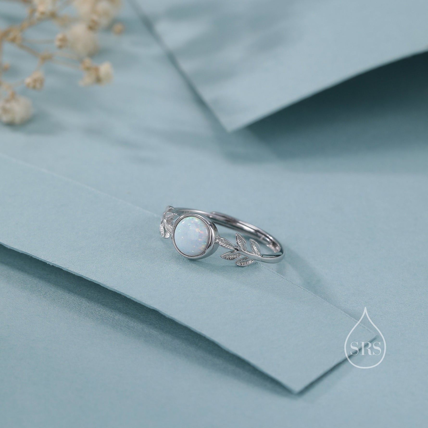 White Opal and Olive Leaf Gemstone Ring