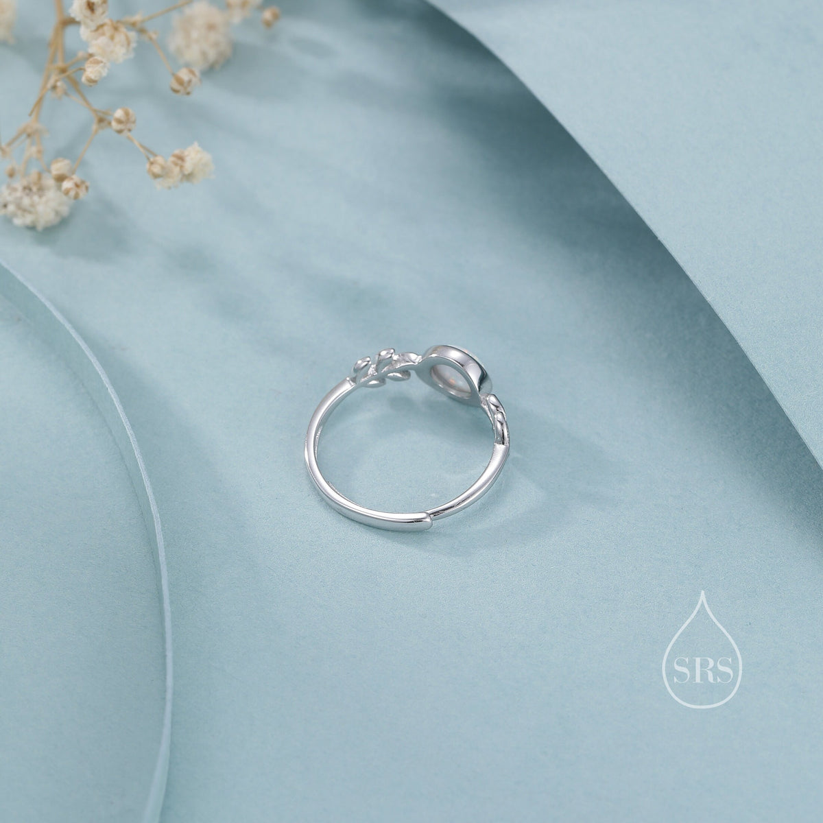 White Opal Olive Leaf Ring in Sterling Silver, Adjustable Olive Leaf Ring, Botanical Ring, Leaf Ring with Lab Opal, Simulated Opal Ring