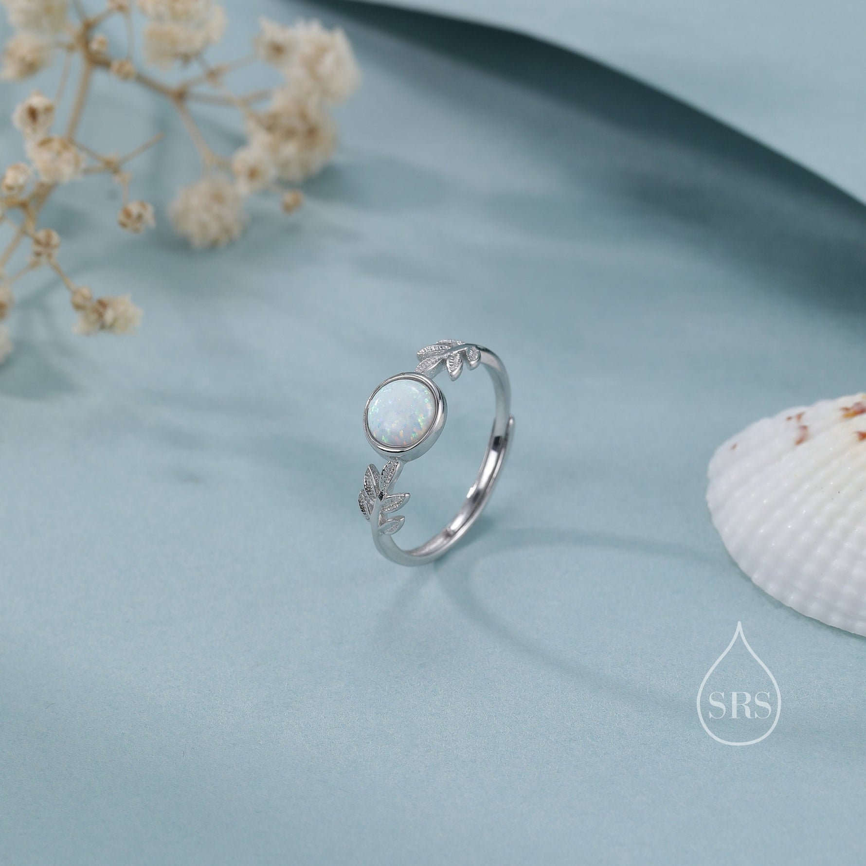 White Opal and Olive Leaf Gemstone Ring